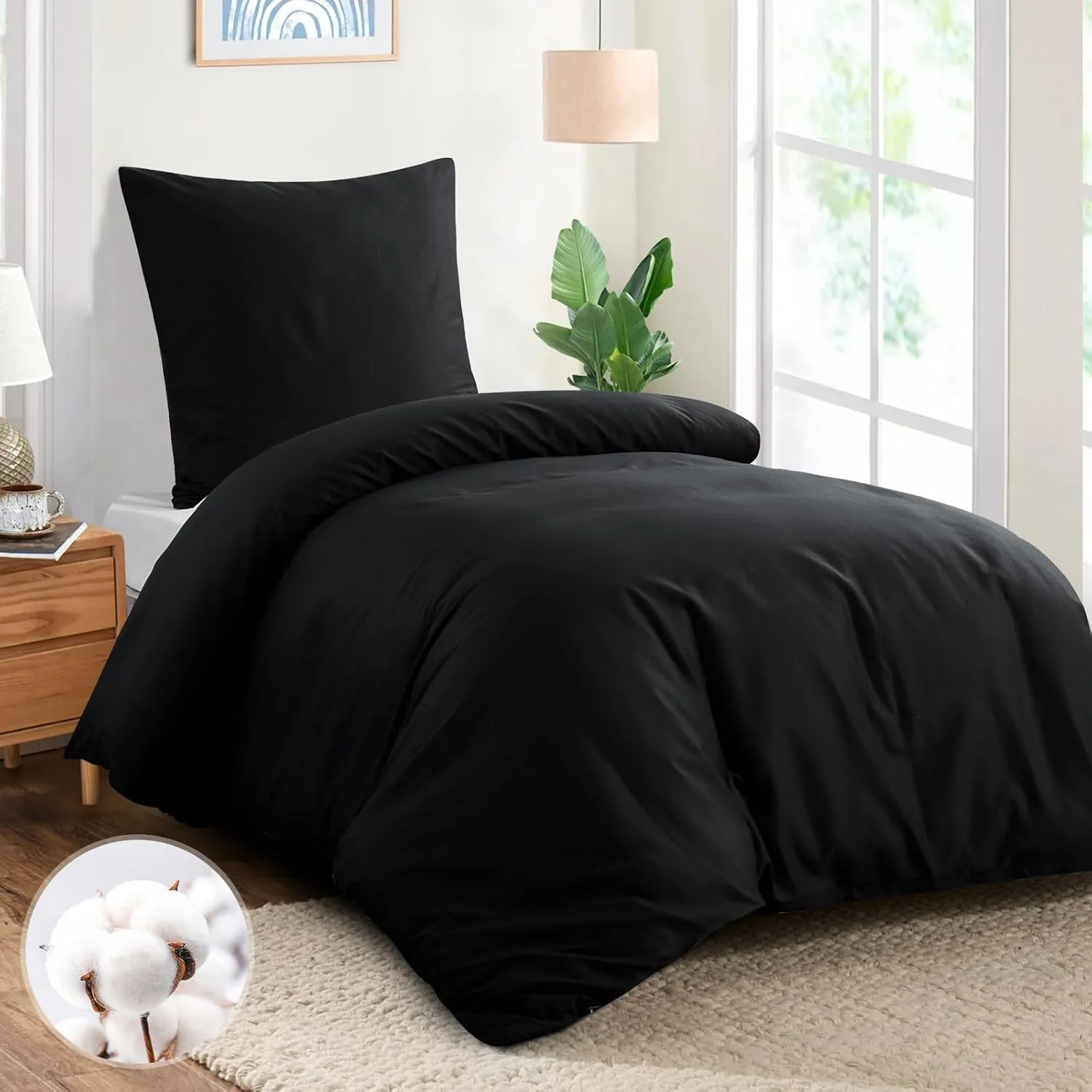 Aisbo Bettwäsche 155x220 Baumwolle Schwarz - Bettwäsche-Sets Bettbezug 155x220 mit Kissenbezug 80x80 cm, Baumwollbettwä…