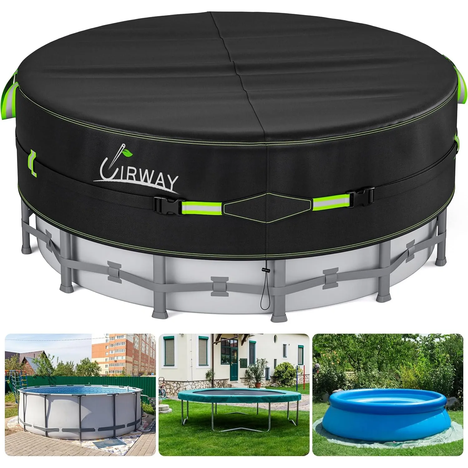 UIRWAY 305 cm Poolabdeckung, 420D Pool Abdeckplane für oberirdische Pools, UV-Schutz, Mit Kordelzug und Bodennägeln für…