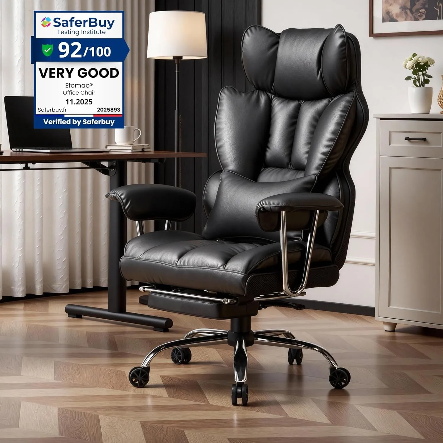 Efomao Bürostuhl, Chefsessel Ergonomischer bis 200kg, PU-Leder Schreibtischstuhl mit Fußstütze und Lendenwirbelstütze, …