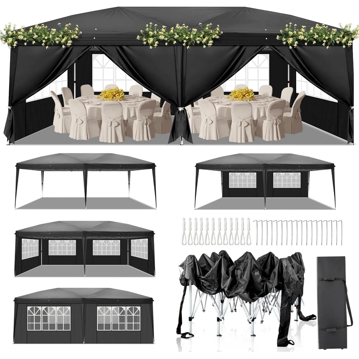 LEADZM Pavillon 3x6m Garten Faltpavillon mit 6 Seitenteilen,Schwarz