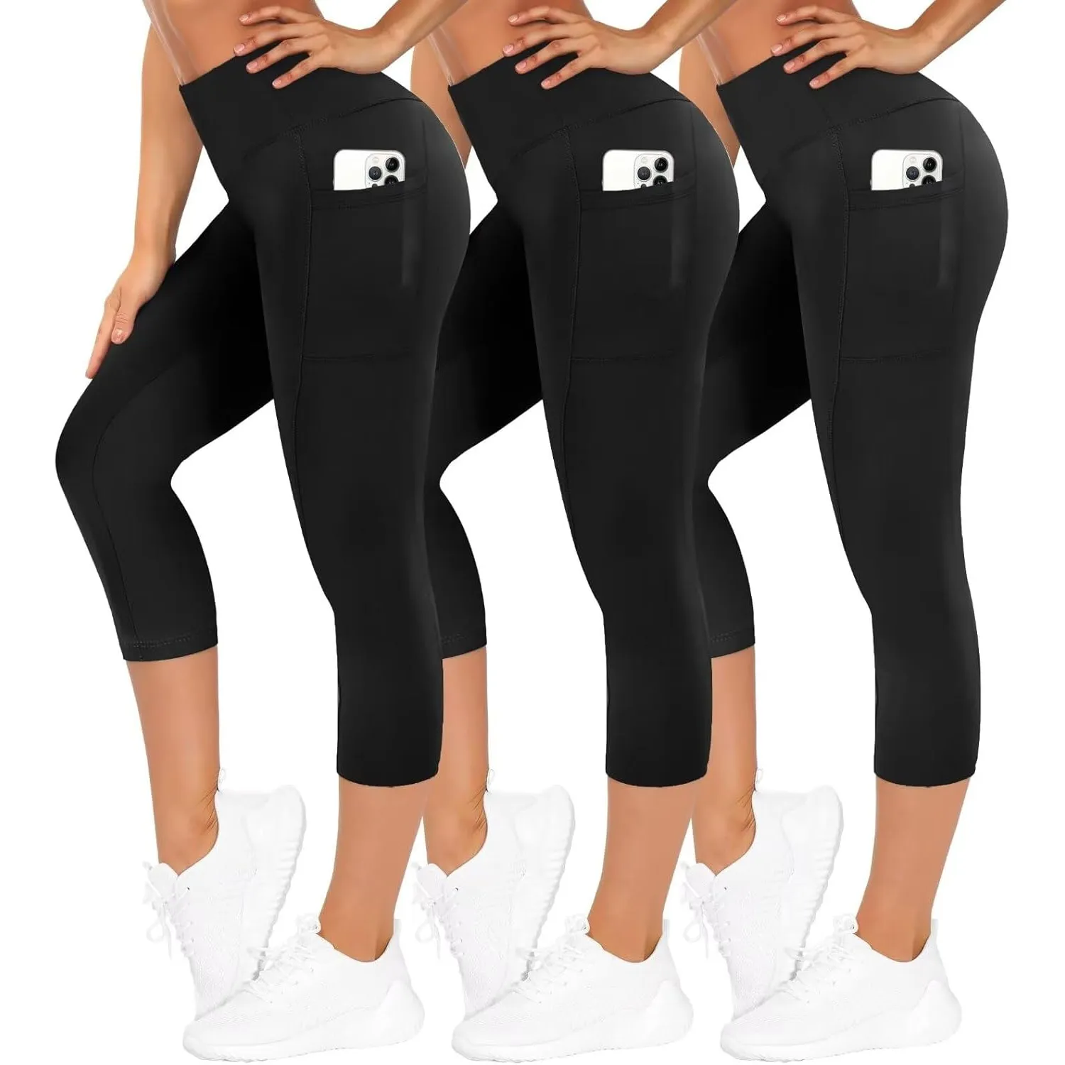 TNNZEET 3er Pack Leggings Damen 3/4 mit Taschen Capri für Sport, High Waist 7/8 Caprihose Sporthose für Gym