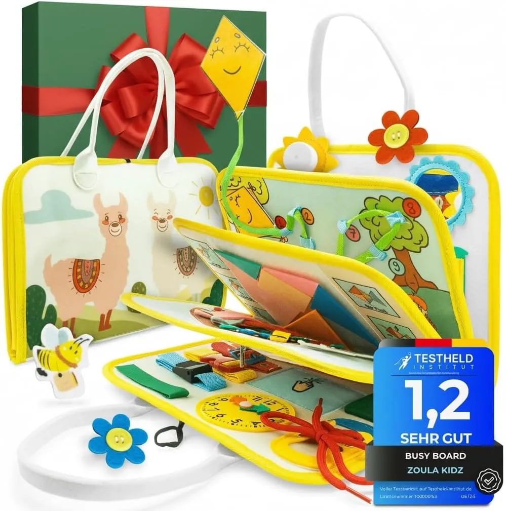 zoula kidz® Busy Board 3 Jahre - Activity Buch mit 8 Seiten - sicheres Montessori Buch für die Autofahrt und Activity B…