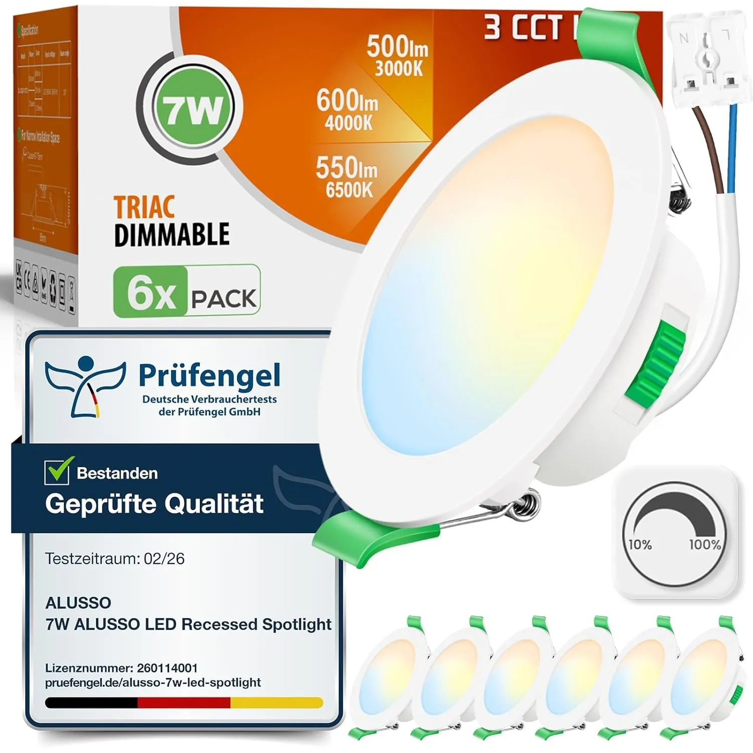ALUSSO 3CCT LED Einbaustrahler 230V Dimmbar 7W IP44 Lochmaß 67-75MM 6er Set