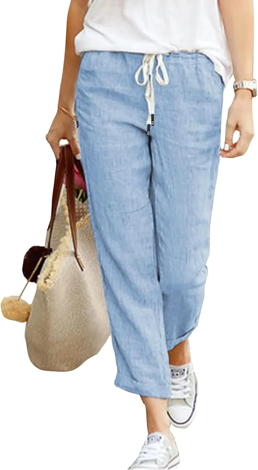 Women's Linen Summer Trousers 7/8 Casual Lightweight Cotton Linen Trousers Fabric Trousers Comfortable Airy Leisure Tro…