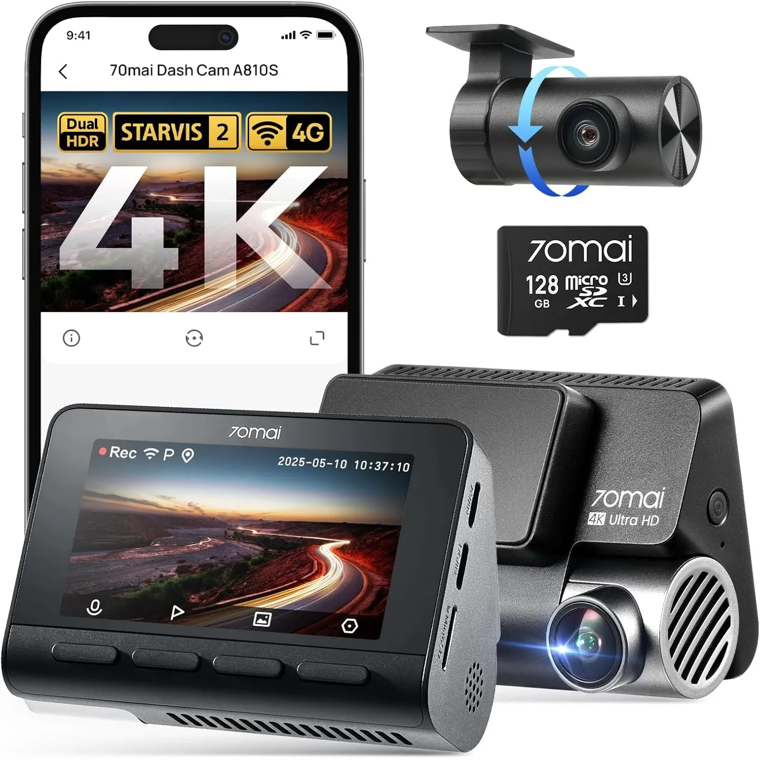70mai 4K Dashcam Auto Vorne Hinten A810S, 4K+1080P Dual STARVIS 2 IMX678, HDR Auto-Dashcam mit Night Owl Vision, WiFi&A…
