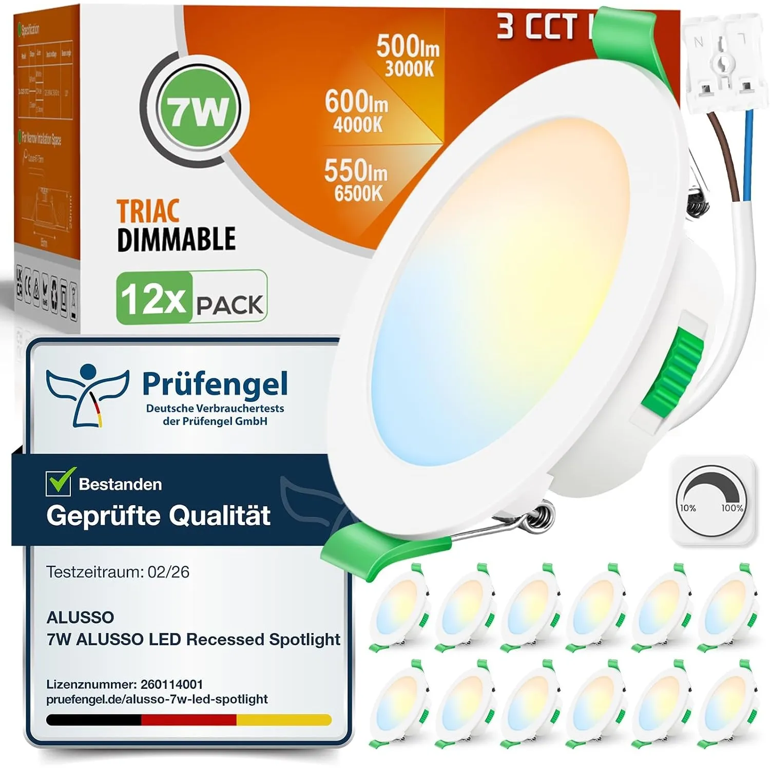 ALUSSO 3CCT LED Einbaustrahler 230V Dimmbar 7W IP44, Loch 67-75MM, 12er Set