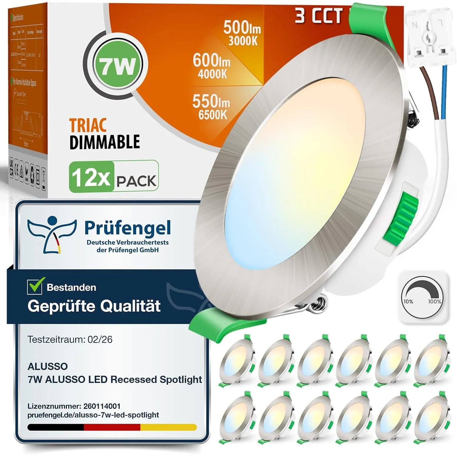 ALUSSO 3CCT LED Einbaustrahler 230V Dimmbar 7W IP44, Loch 67-75MM, 12er Set