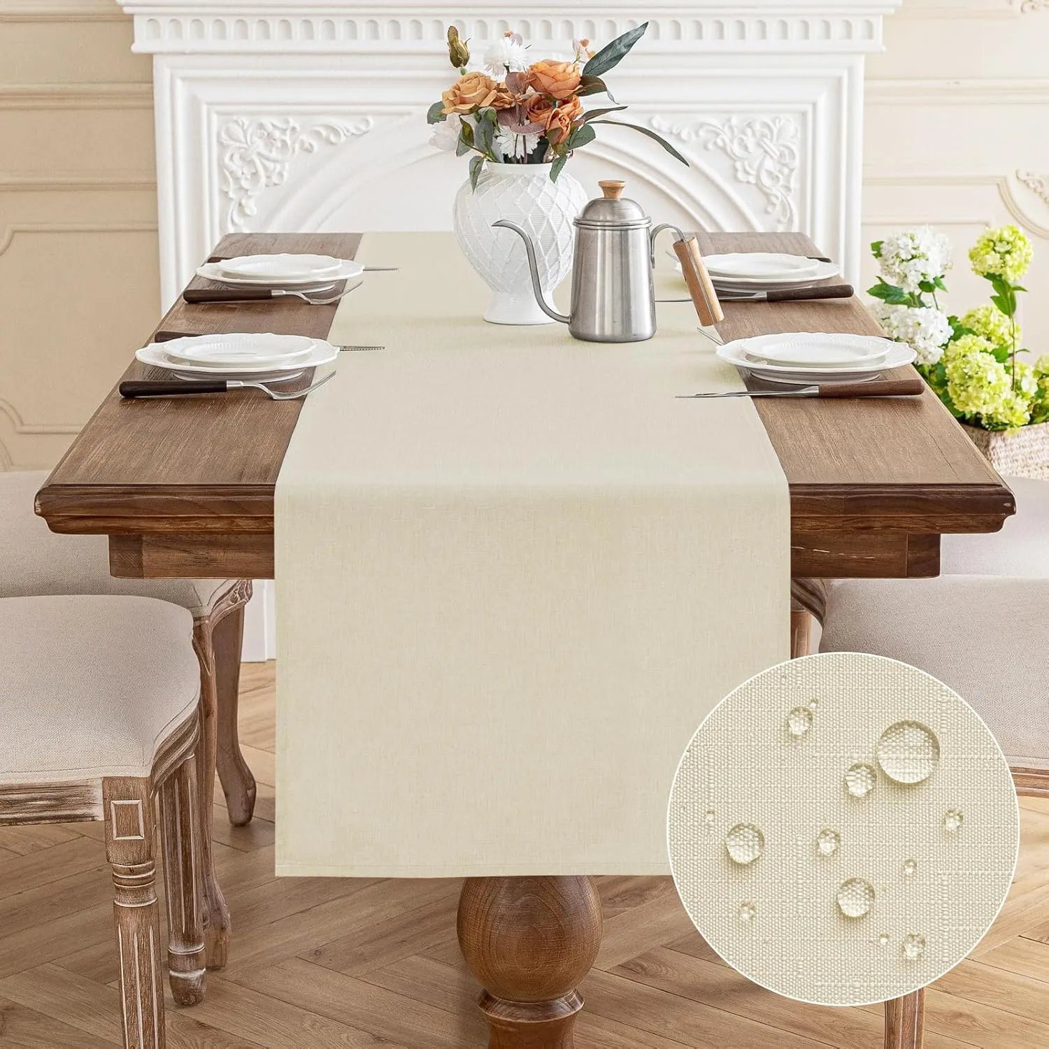 AooHome Tischläufer Beige 40X140cm, Tischdeko Leinen-Optik Abwaschbar Tischband aus Polyester Wasserabweisend mit Lotus…