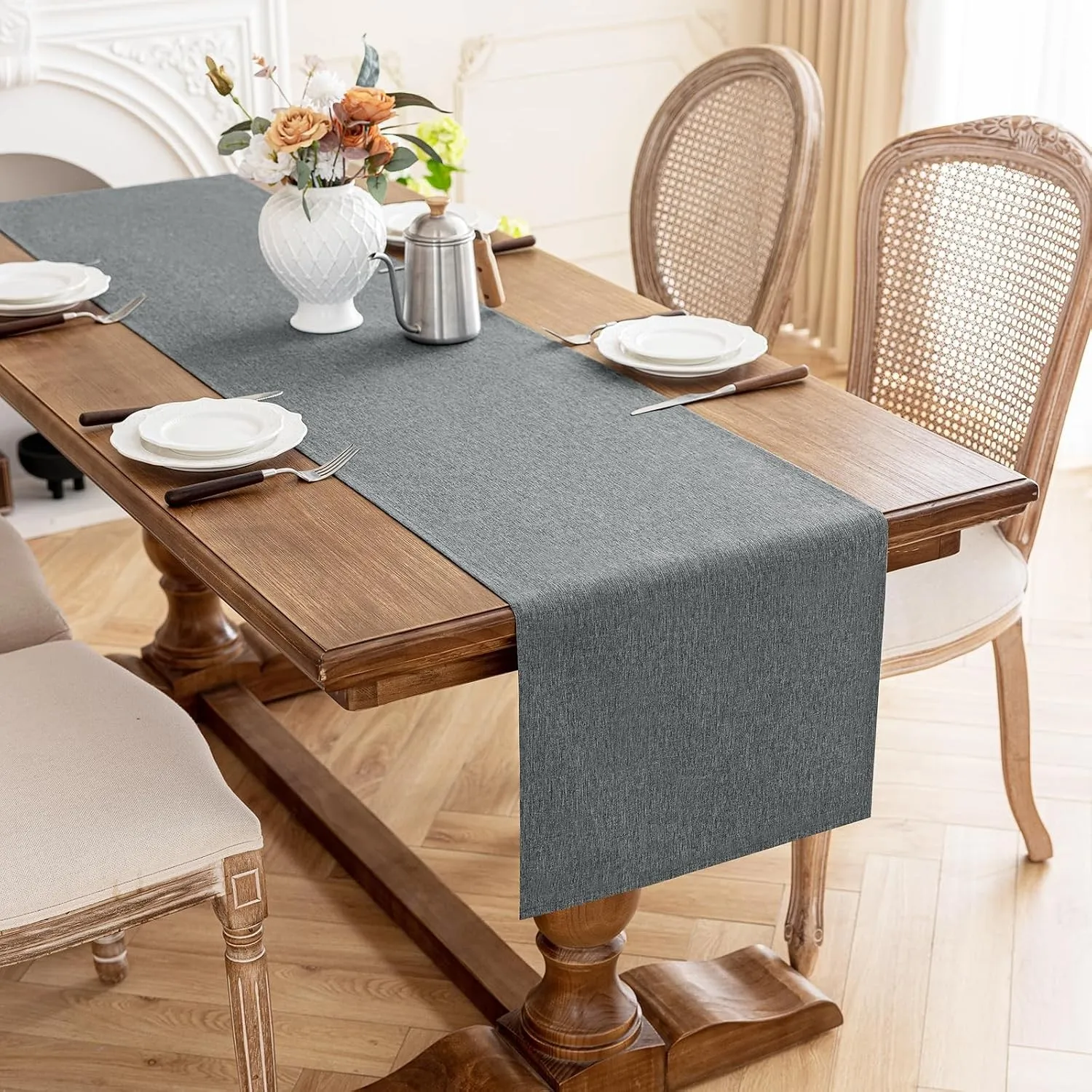 AooHome Tischläufer Grau 40X220cm, Tischdeko Leinen-Optik Abwaschbar Tischband aus Polyester Wasserabweisend mit Lotuse…