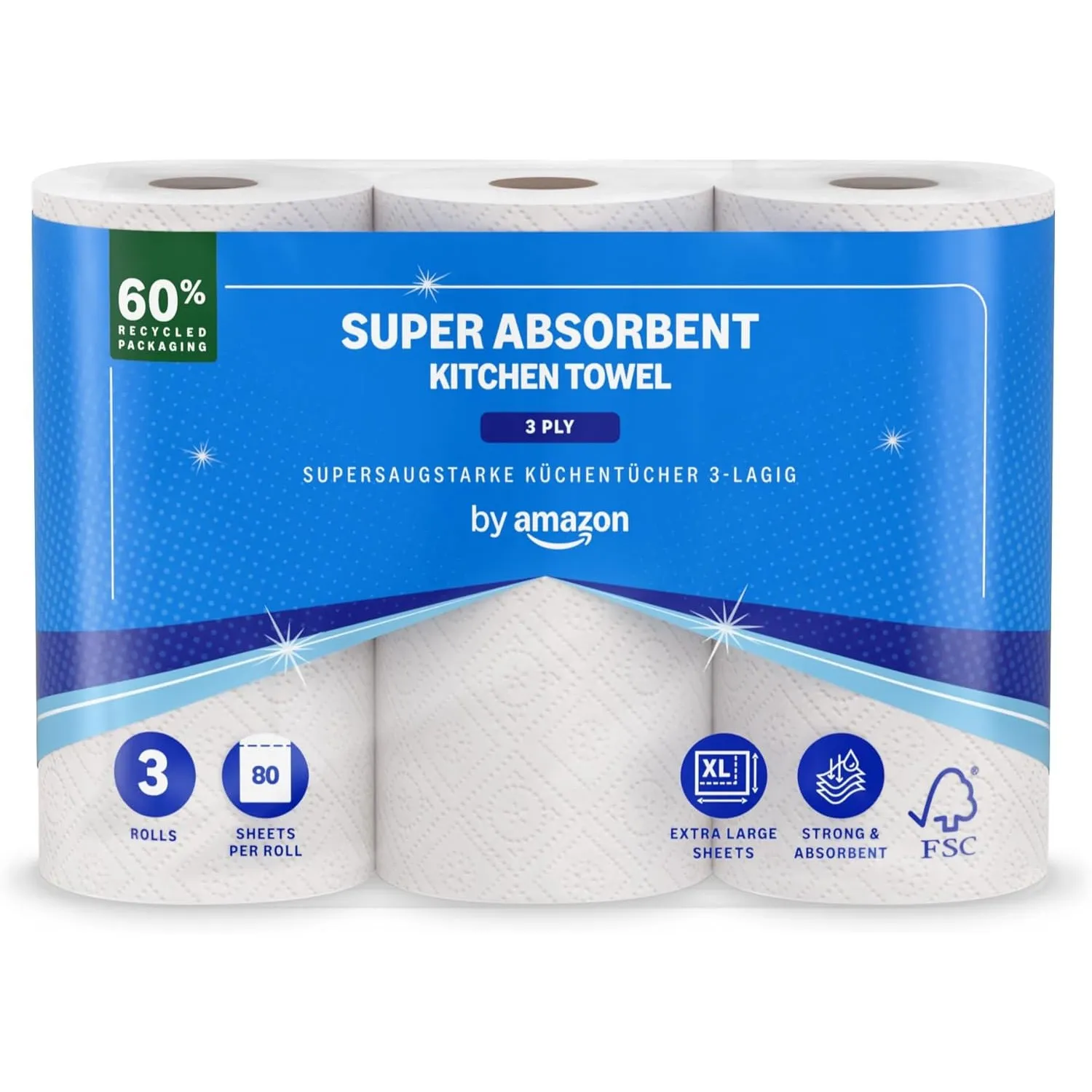 by Amazon Supersaugfähiges Küchentuch, 3-Lagig, 3 Rollen (1 Packung à 3 Stück), 80 Blatt Pro Rolle, FSC-Zertifiziert (Z…