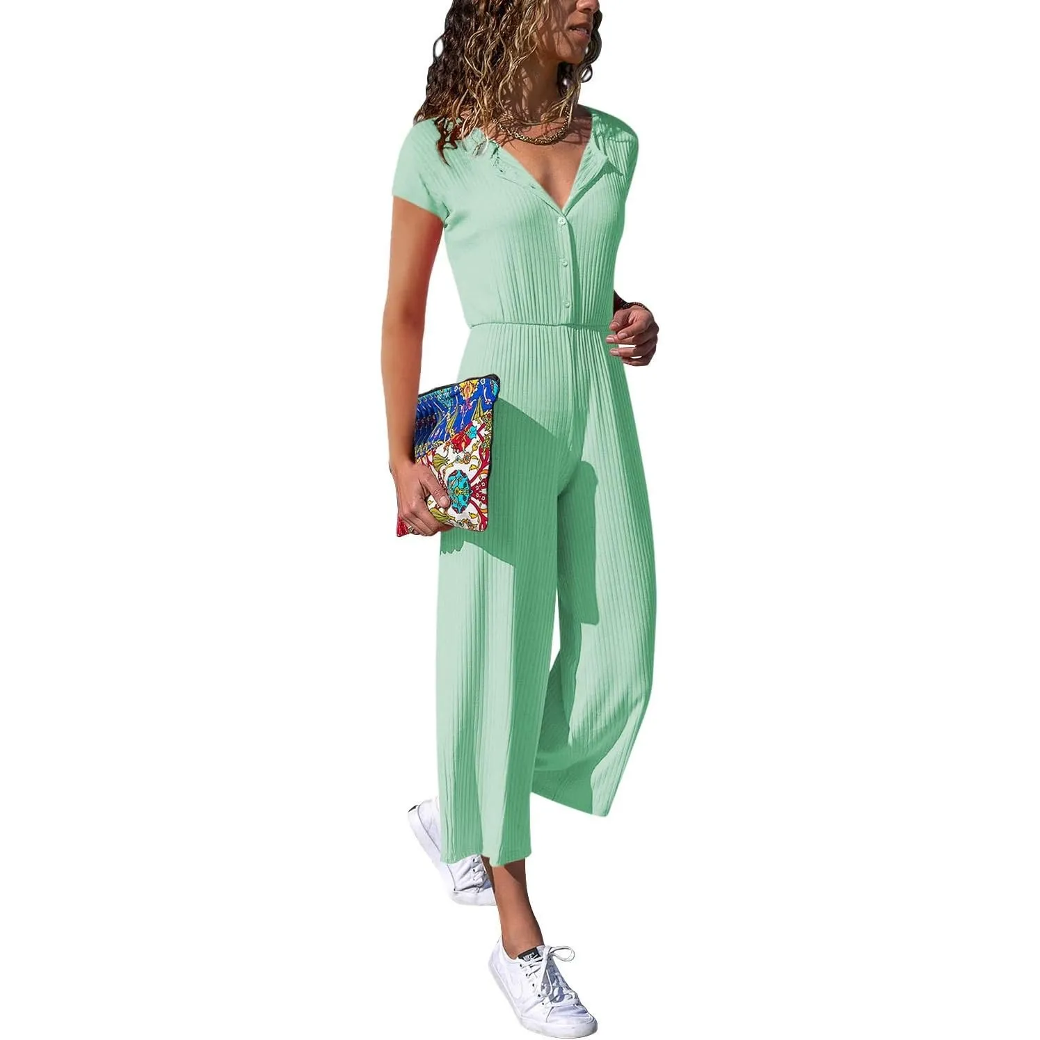 Cassiecy Jumpsuit Damen Elegant Kurzarm Playsuit V-Ausschnitt Casual Lose Overalls Lang Romper