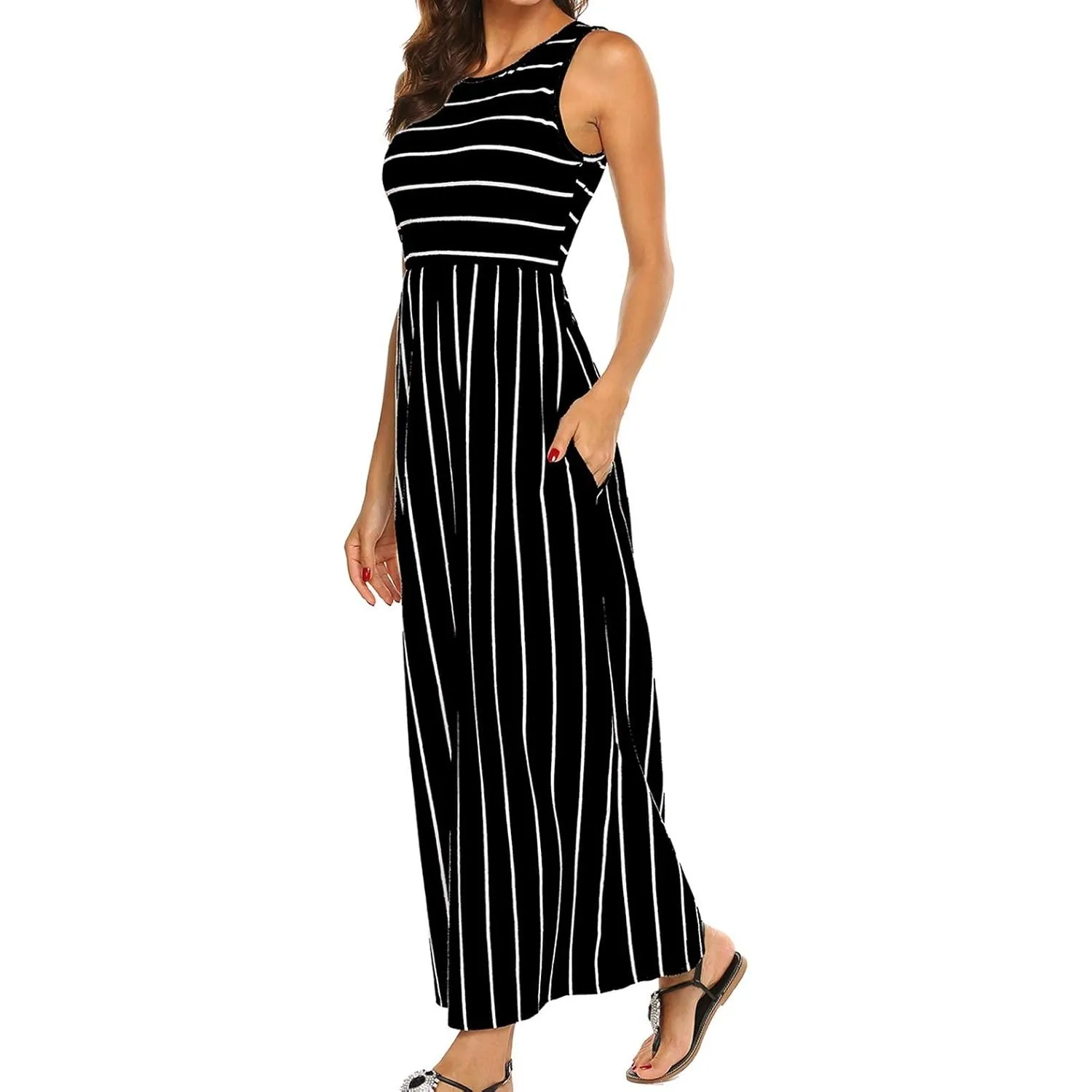 BDTECAOR Maxikleid Damen Sommer Boho Ärmellos Strandkleider Lässige Lange Tank Kleid mit Taschen