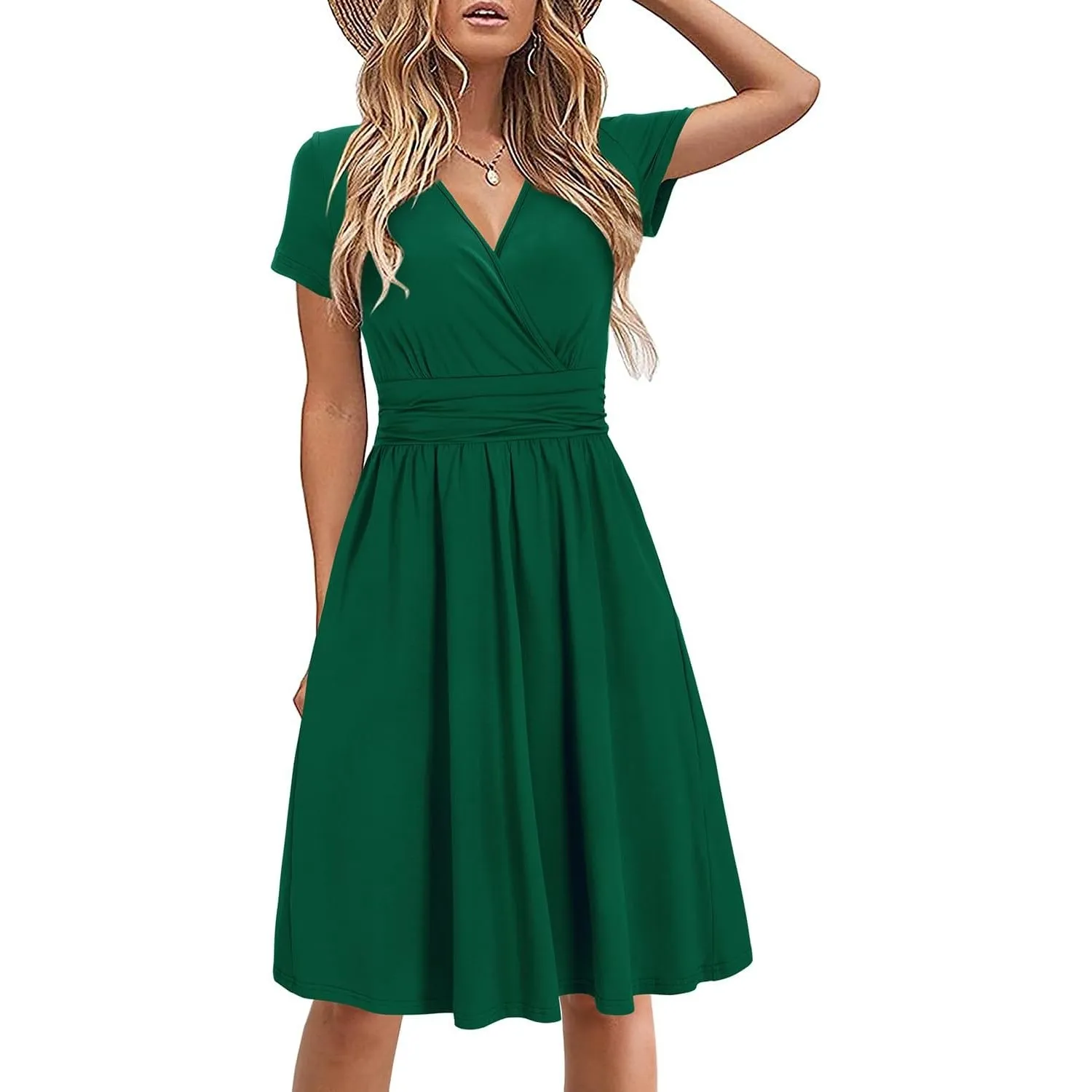 STYLEWORD Damen Sommerkleid Kurzarm V-Ausschnitt Kleider Blumenmuster Kleid Wickelkleid Mit Taschen