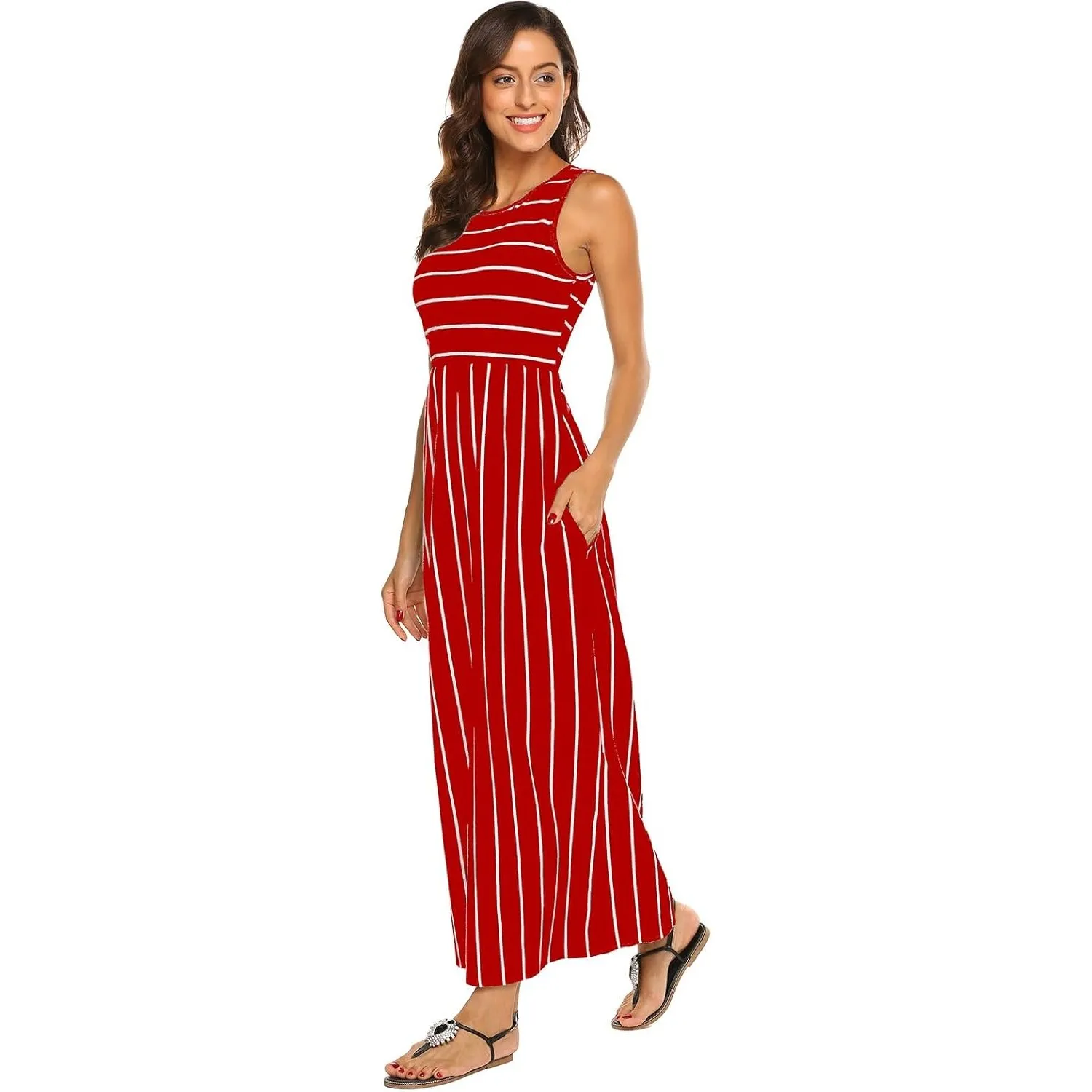 BDTECAOR Maxikleid Damen Sommer Boho Ärmellos Strandkleider Lässige Lange Tank Kleid mit Taschen