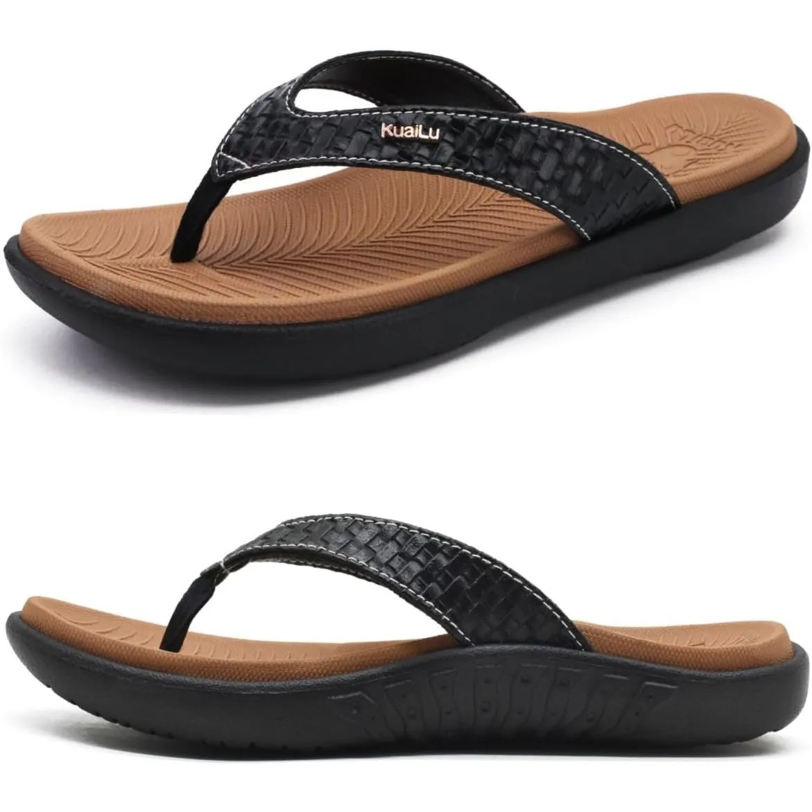 KuaiLu Flip Flops Damen Leder Zehentrenner für Sommer Beach Frauen Bequeme Yoga Mat Tanga Sandalen für Plantar Fasciitis