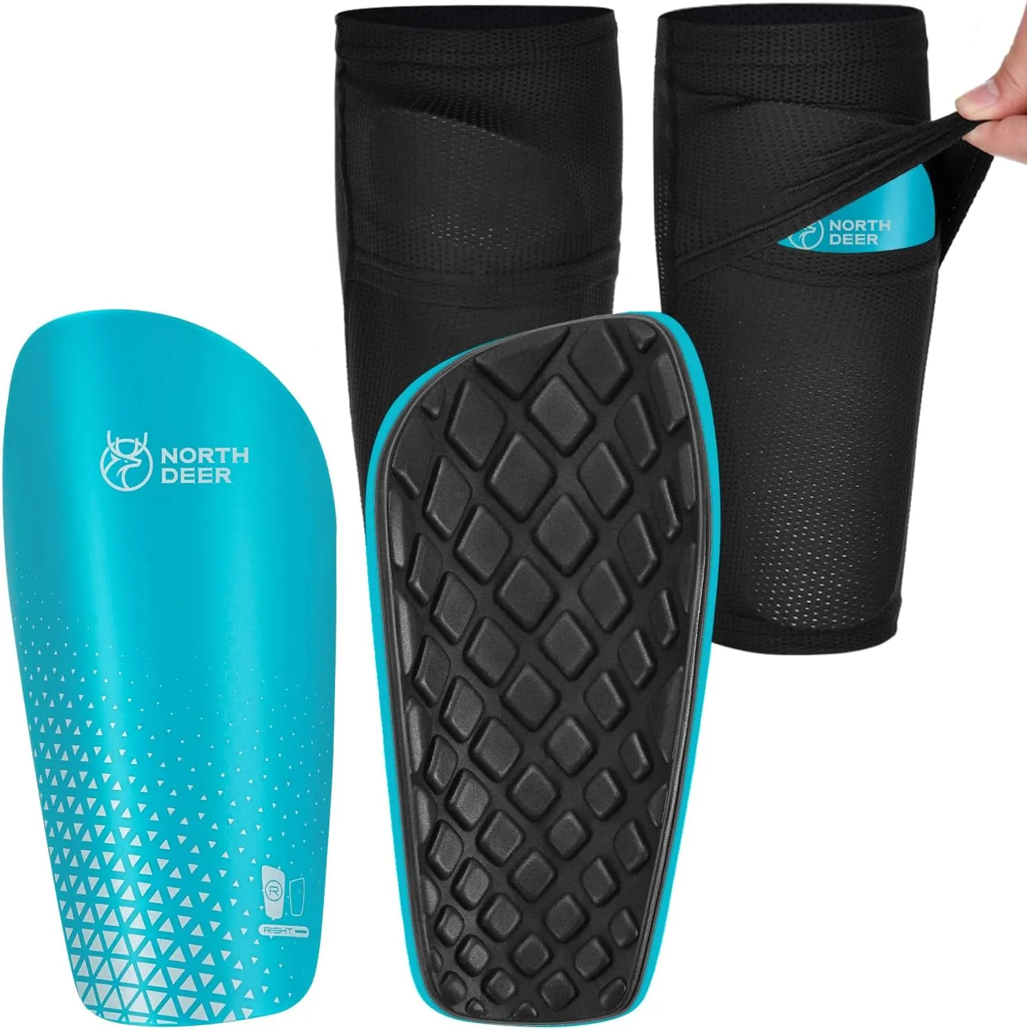Northdeer Children's / Men's Shin Pads incl. Socks with Optimised Slip Pocket, Football Shin Pads for Inserting