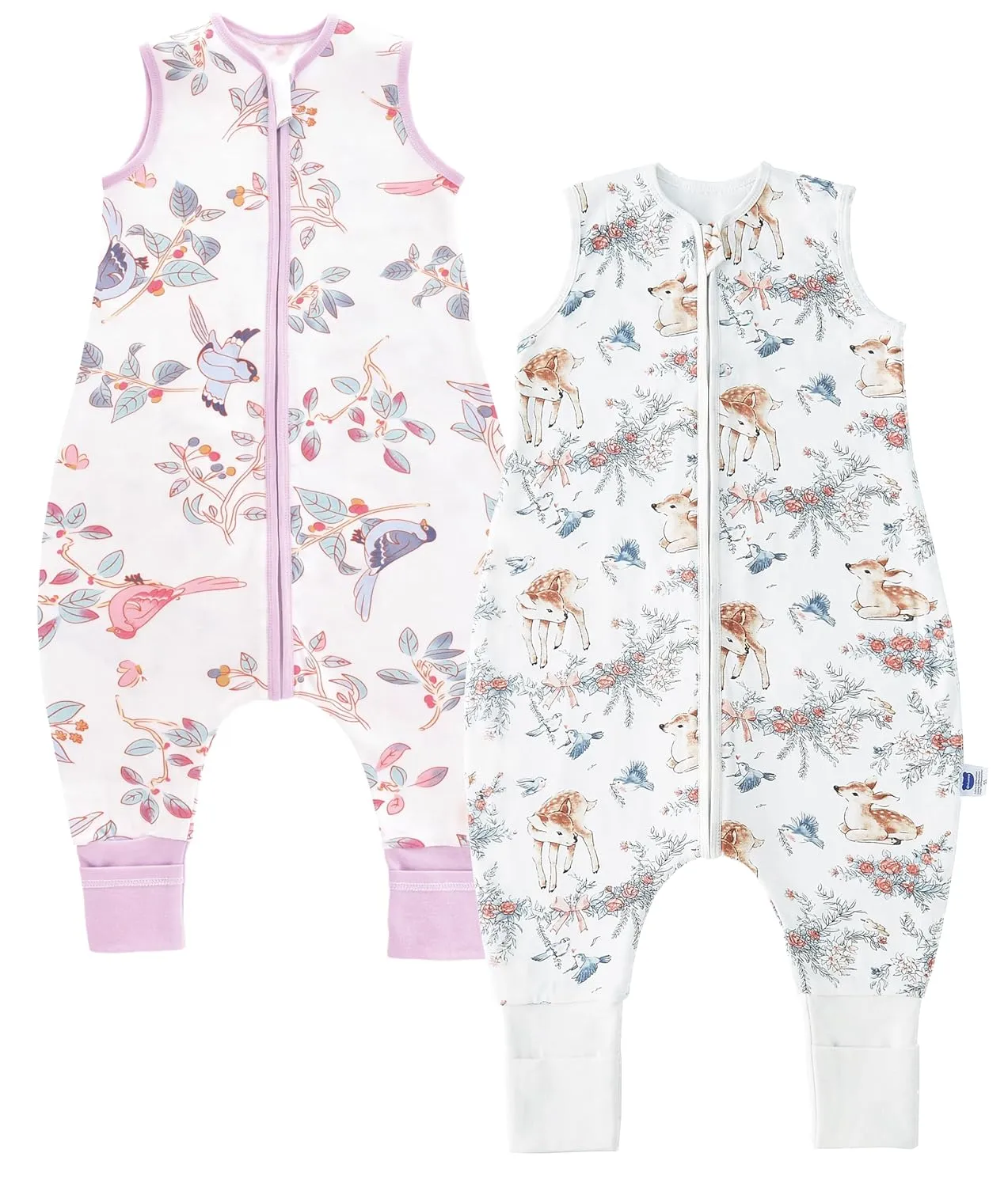 Chilsuessy Baby Schlafsack mit Füßen 2er Pack 1.5 Tog Kinder Ganzjahres Schlafsack 100% Baumwolle Baby Schlafsack mit Beinen, Frühlingsmagpie + Sika-Hirsch, 100cm/Baby Höhe 105-120cm