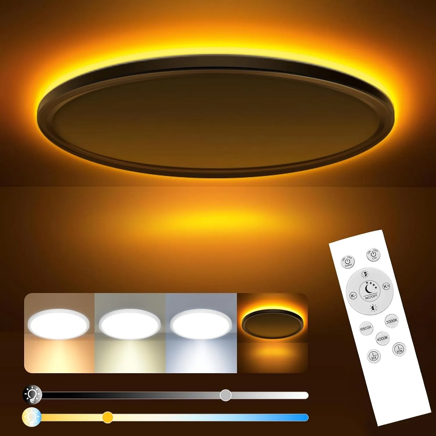 slochi LED Deckenleuchte, 24W Deckenlampe Flach Dimmbar mit Fernbedienung, 1800K Nachtlicht Warm, 3000K-6500K, Ultra Dü…