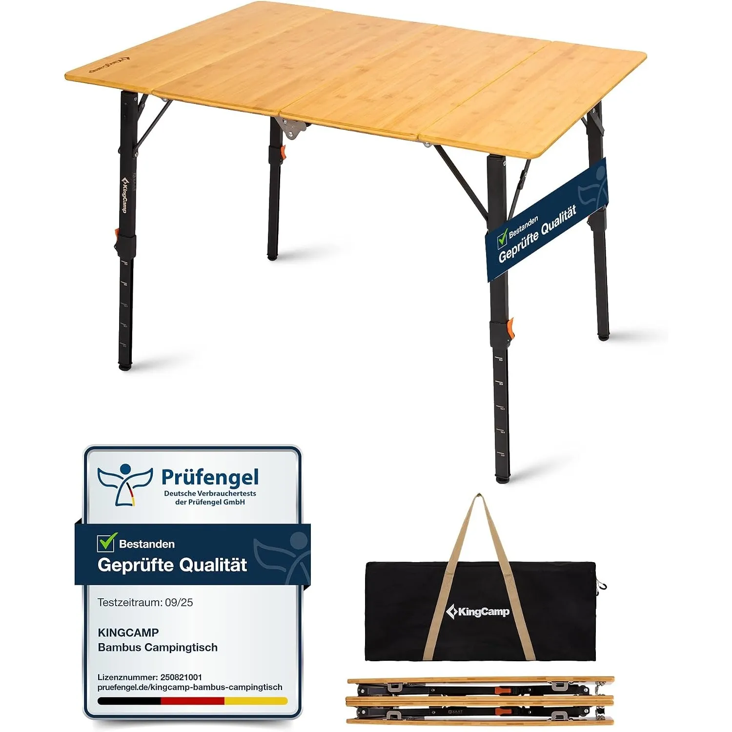KingCamp Campingtisch Bambus Klappbar Höhenverstellbar 42-70 cm bis 80kg | Klapptisch, Faltbar, Stabil, Kompakt, Schnel…