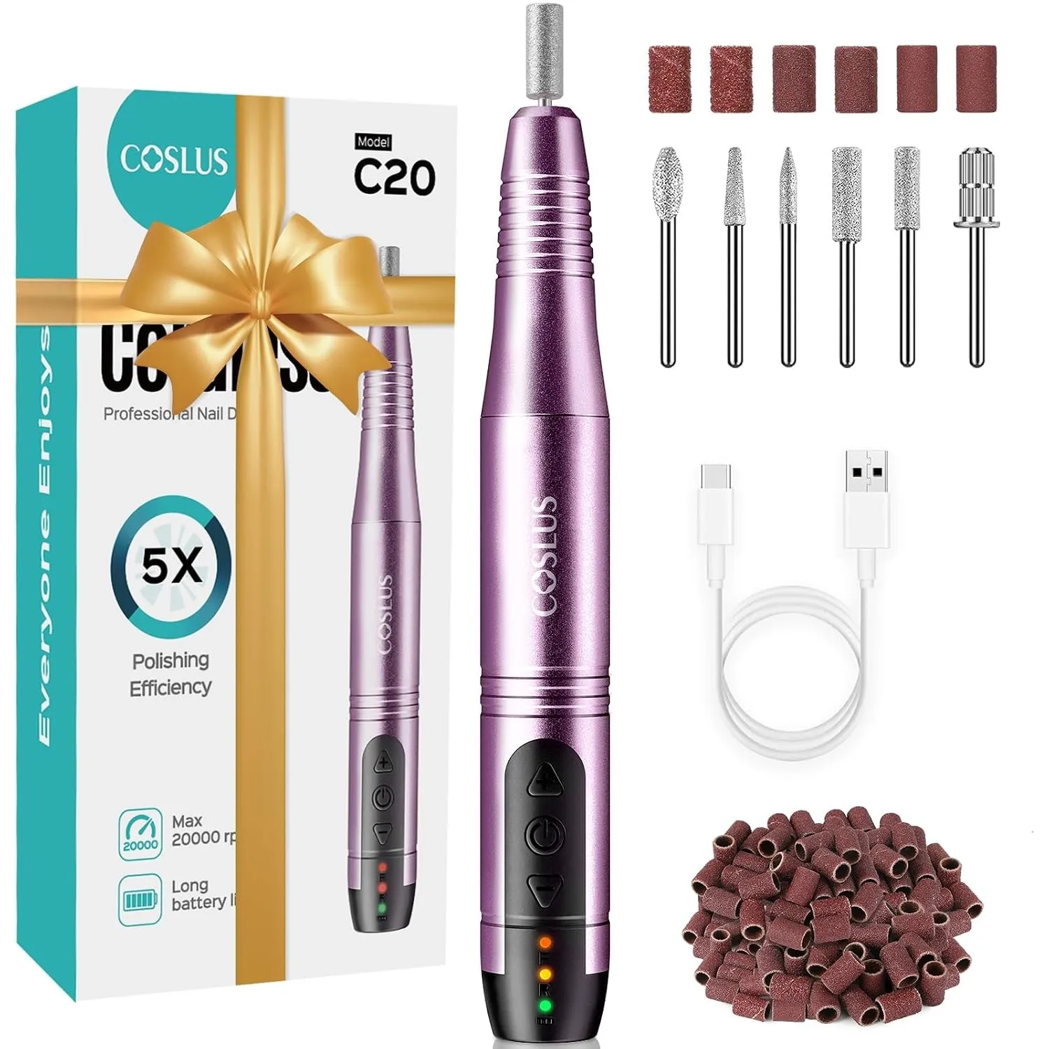 COSLUS C20 Elektrischer Nagelfräser 35000 u/min kabellos 11 in 1, Lila