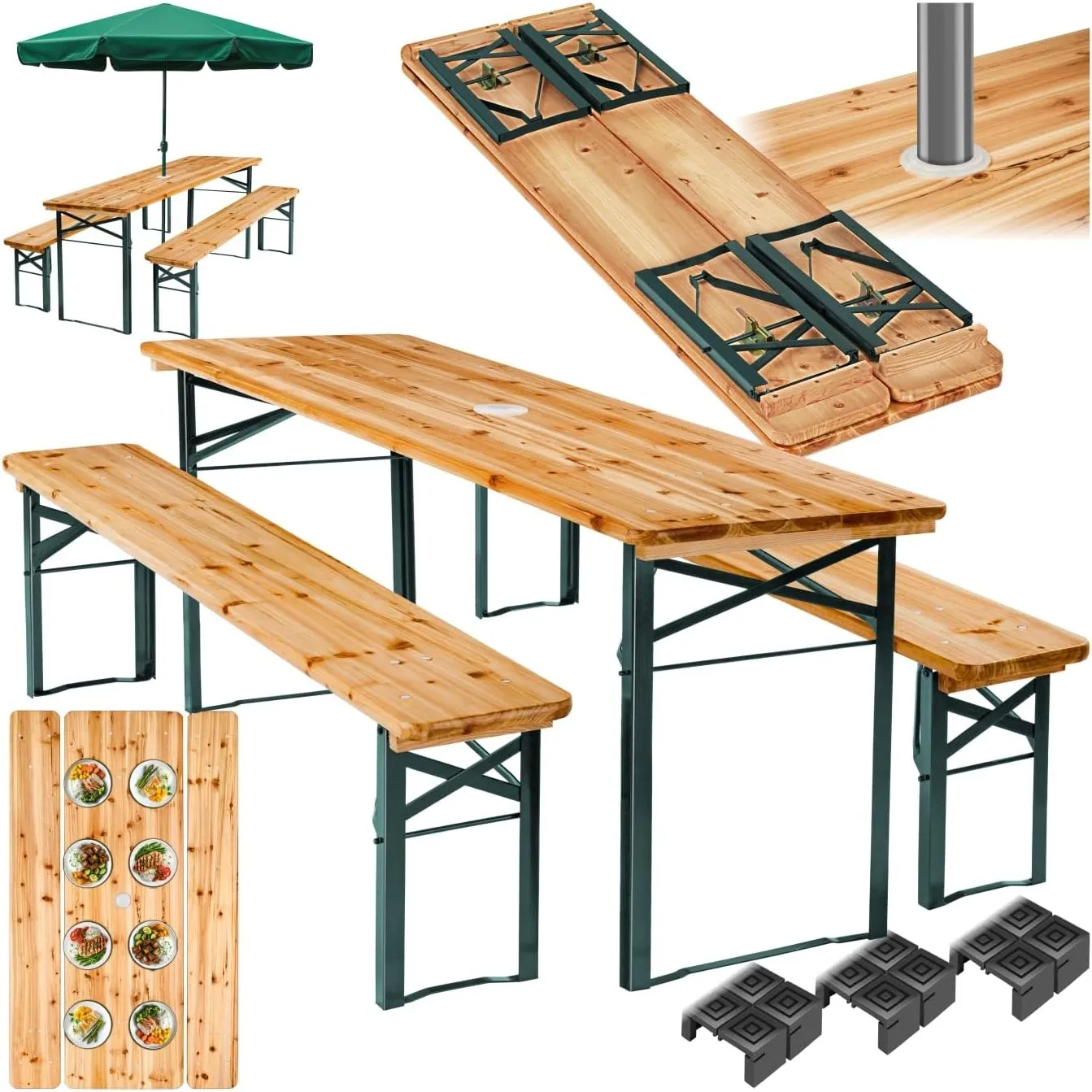 tectake® Bierzeltgarnitur mit Tisch und 2X Bierbank, mit Schirmhalterung und 12 Bodenschoner Bierzeltgarnitur, Balkon M…