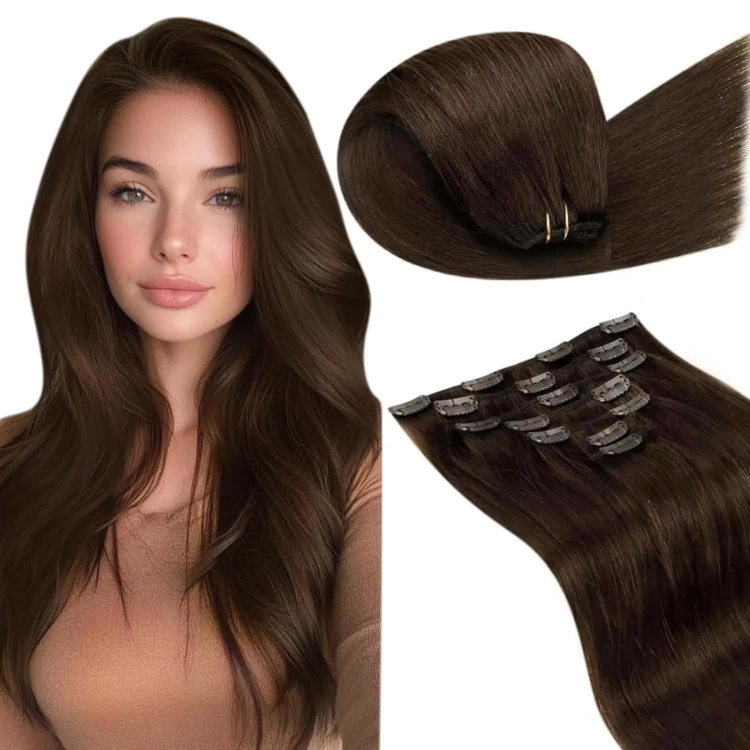 LaaVoo 50cm Clip in Extensions Echthaar Braun Haar Extensions Echthaar Clips Remy Echthaar Extensions Tressen Dunkelbra…