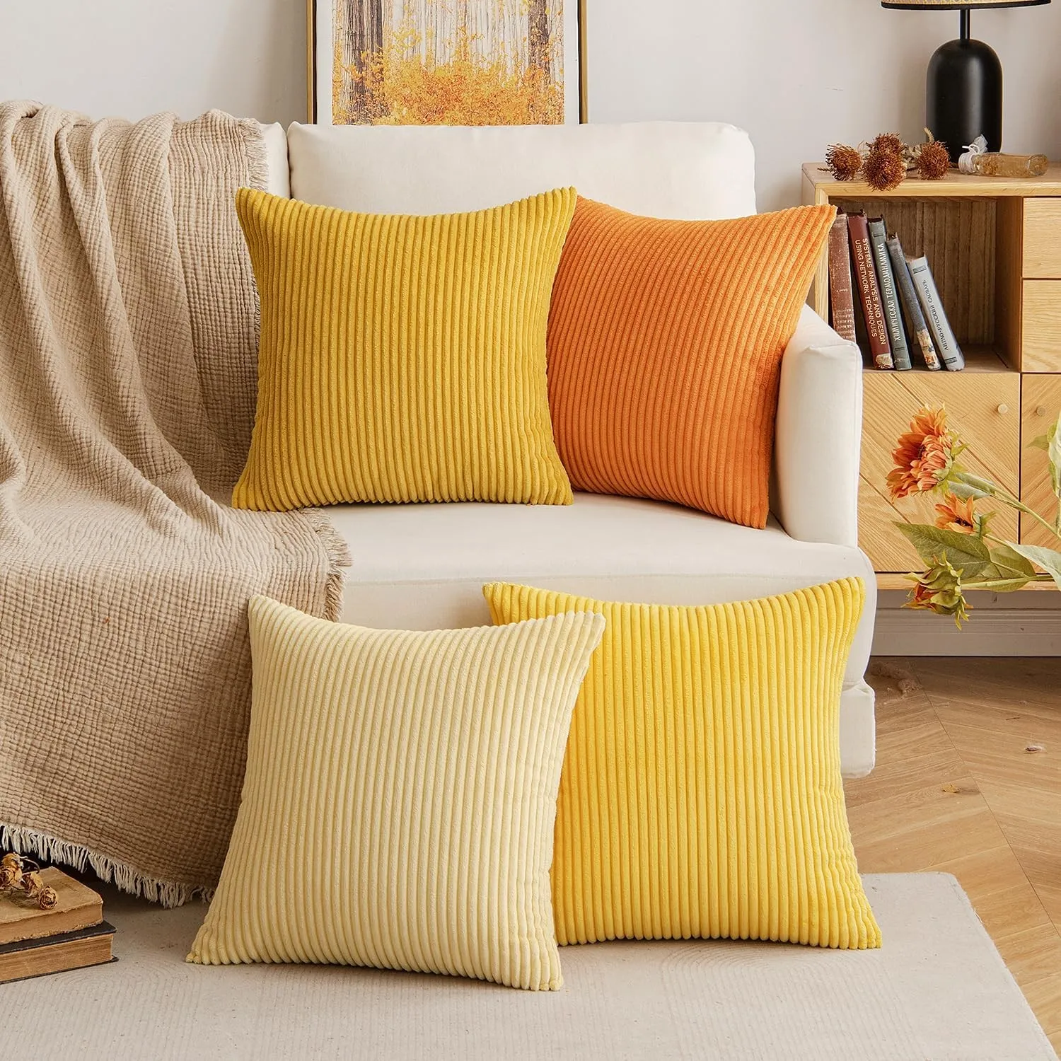 EMEMA Kissenbezug 40x40 Kordsamt Orange Serie Herbst Sofakissen 4er Set