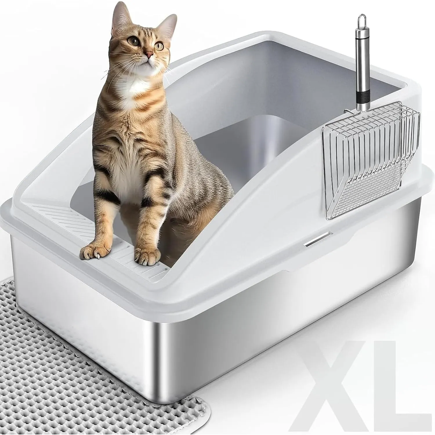FURTIME Katzenklo Edelstahl XL, 58x37x28.5cm, Silber