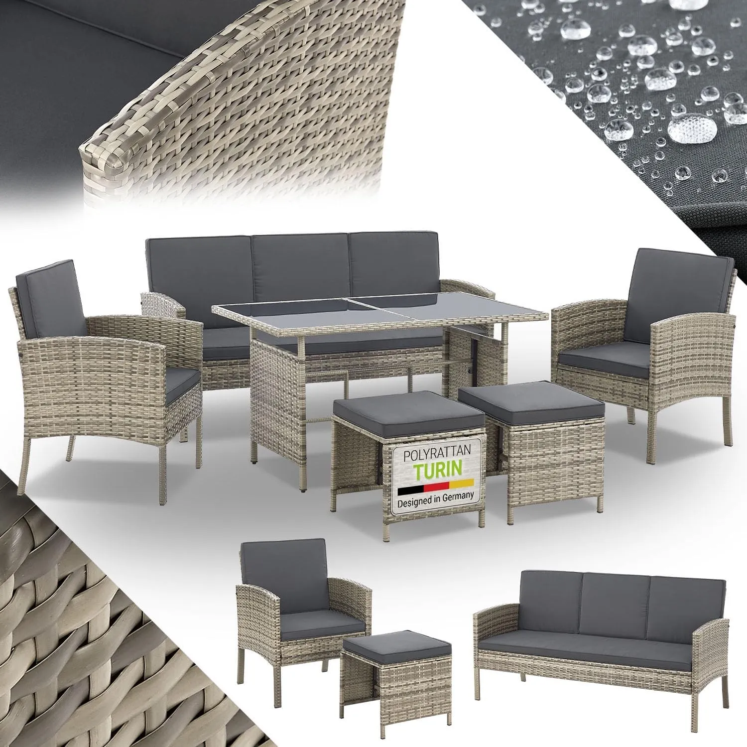 Juskys Gartenmöbel Set Polyrattan 6-teilig – Lounge Möbel Turin für 7 Personen mit Sesseln, Hockern, Tisch & Kissen, we…