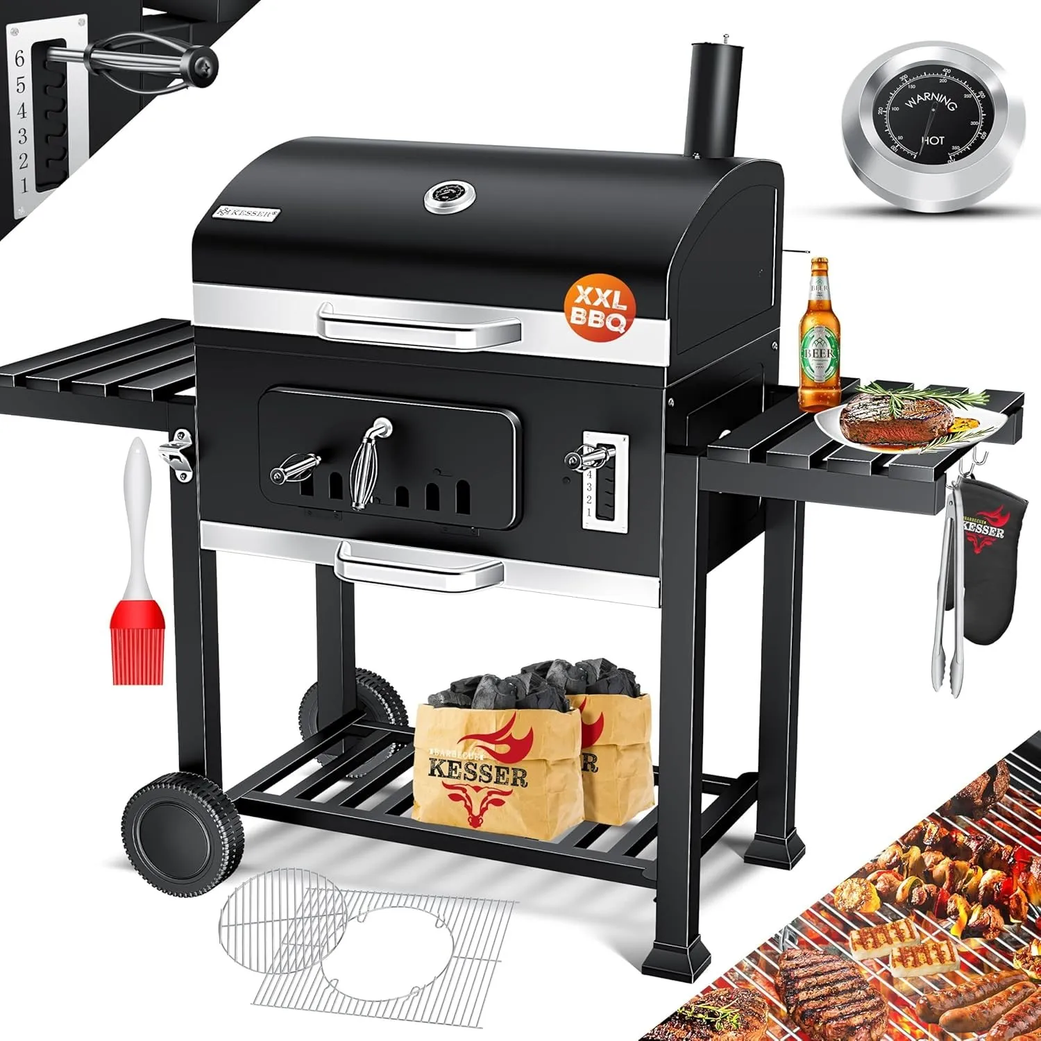KESSER® Holzkohlegrill XXL Grillwagen mit Deckel & Thermometer – großer BBQ Kohlegrill Wagen, Smoker Grill mit Kamin & …
