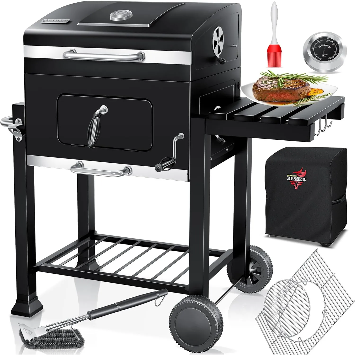 KESSER® Holzkohlegrill XL Grillwagen Set mit Deckel & Thermometer – BBQ Kohlegrill Wagen, Smoker Grill, Standgrill mit …