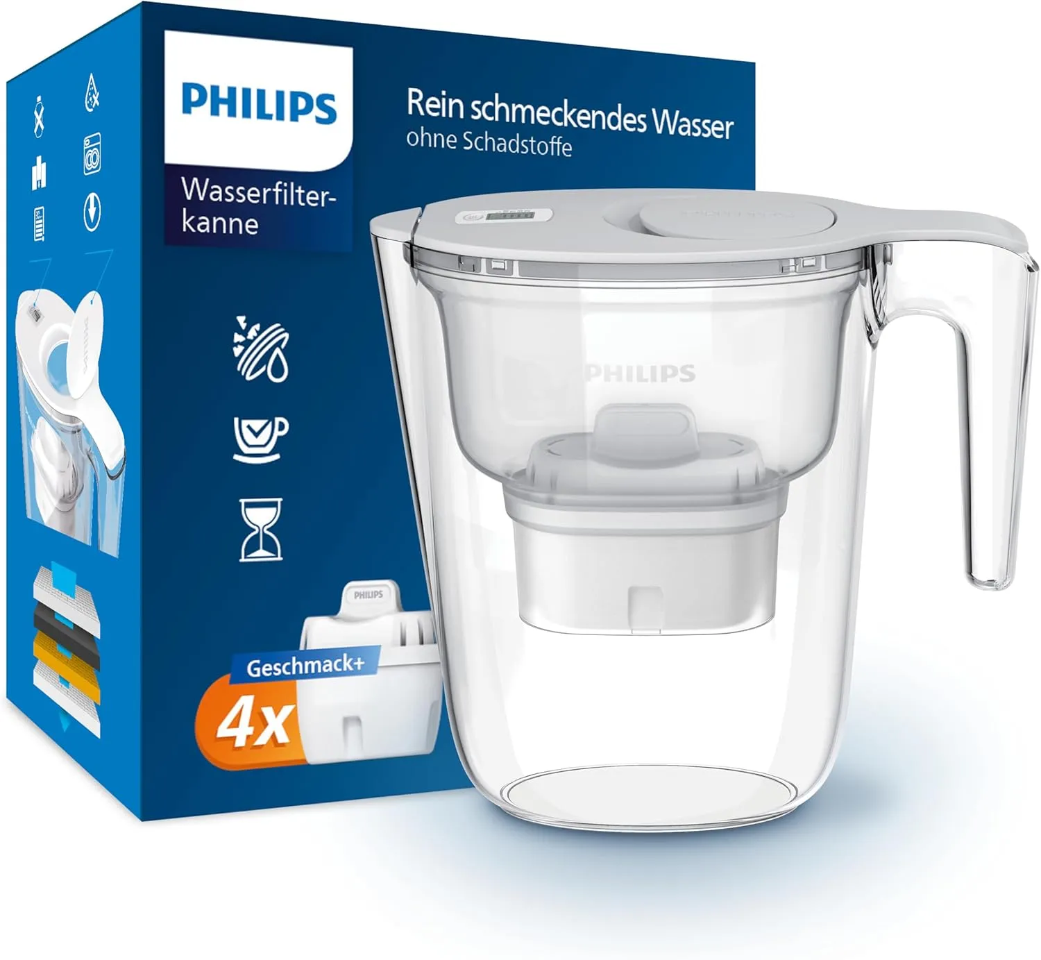 Philips Water Wasserfilterkanne +4 Geschmack+ Ersatzfilterkartuschen schneller Durchfluss elektronischer Timer filtert …