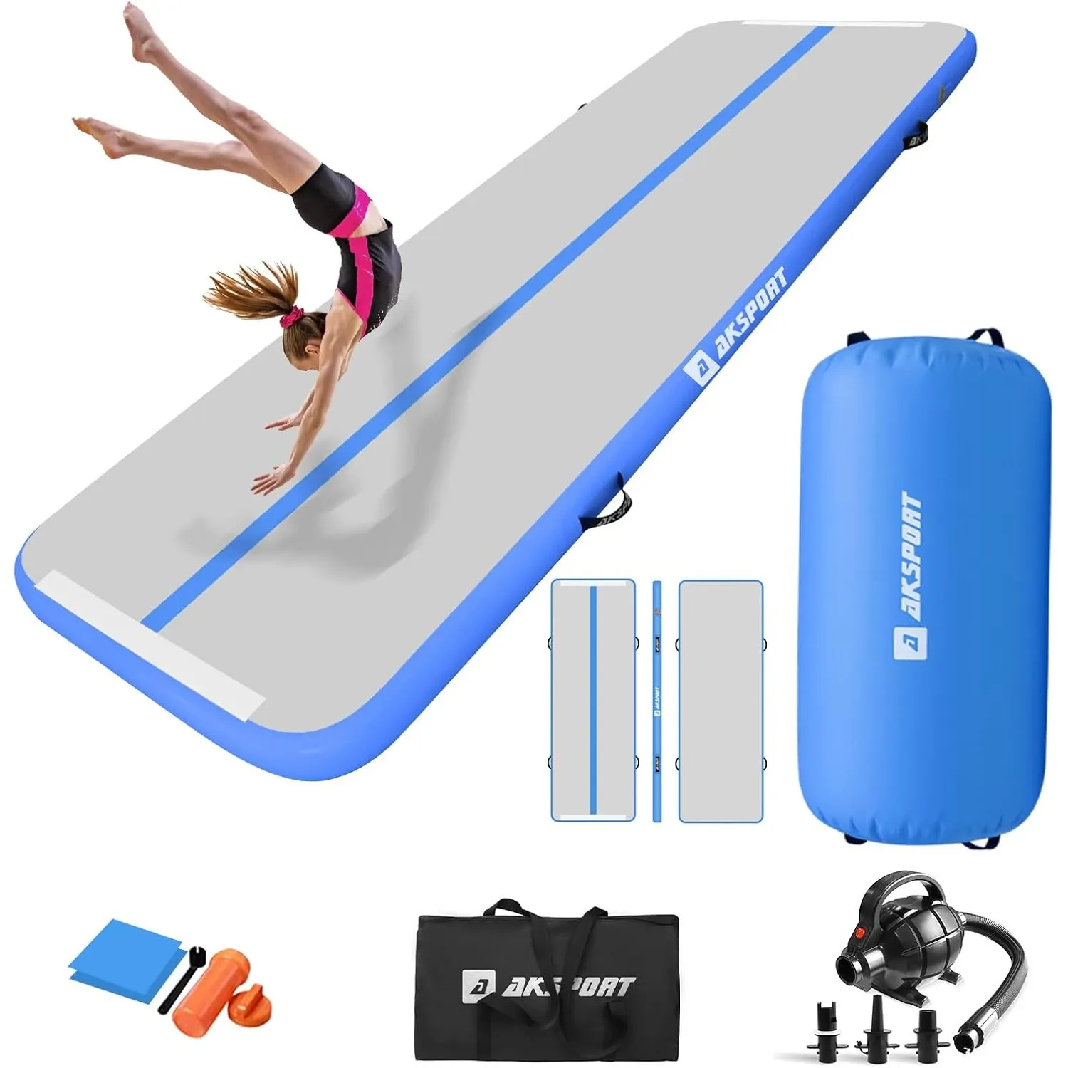 AKSPORT Airtrack mit Air Roll Aufblasbar Gymnastikmatte Turnmatte Air Tracking Matte 3m mit rolle mit Luftpumpe für Hau…