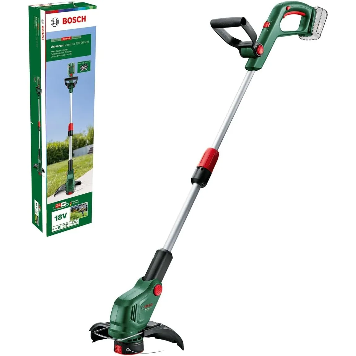 Bosch Akku-Rasentrimmer UniversalGrassCut 18V-26-500 (zum Rasentrimmen und Kantenschneiden; Ladezeit: 65 min; Schnittkr…