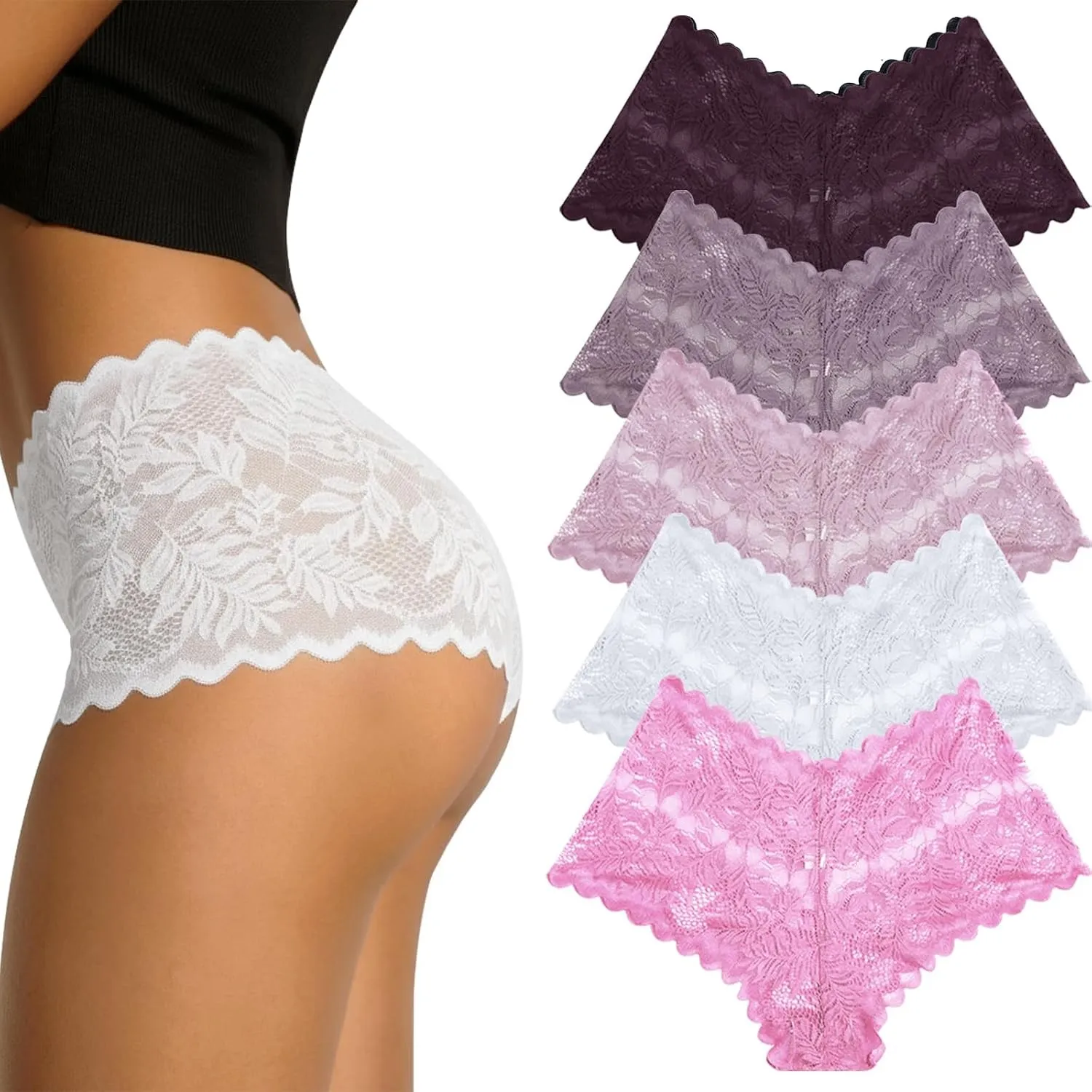 FINETOO 5er Pack Unterhosen Damen Spitze Sexy Unterwäsche für Frau Weiche und Bequem Slip Boxershorts Hipster Panties D…