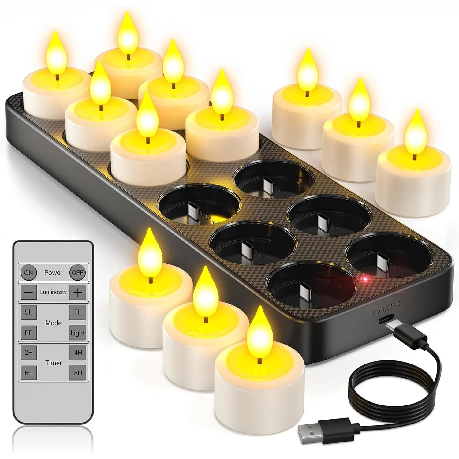 Yme 12er LED Teelichter Wiederaufladbar mit Ladestation und Fernbedienung