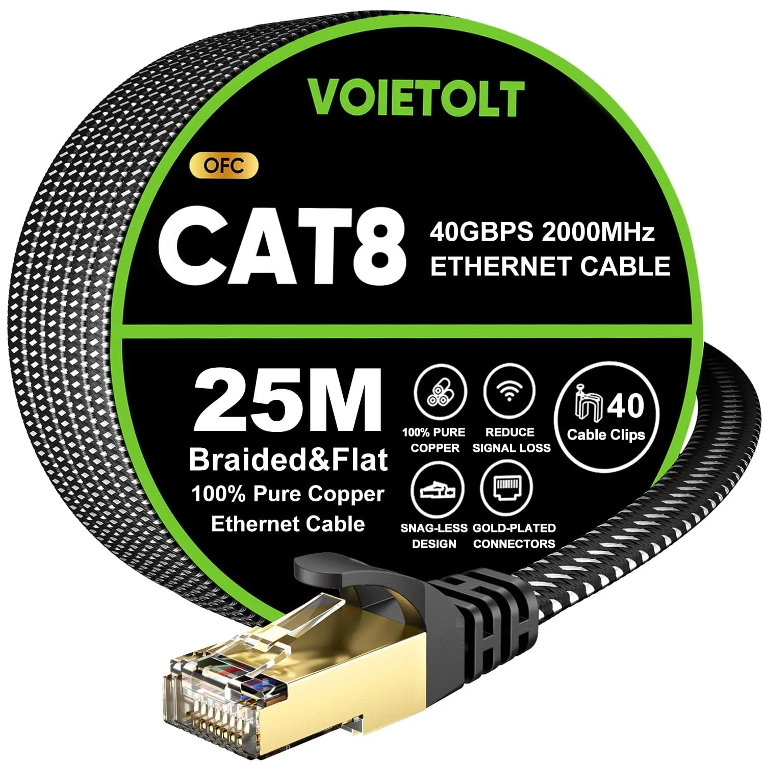 CAT 8 LAN Kabel 25M,40Gbps Netzwerkkabel Ethernet Flach Geflochten | Hochgeschwindigkeits S/FTP Abgeschirmt Internet Ka…
