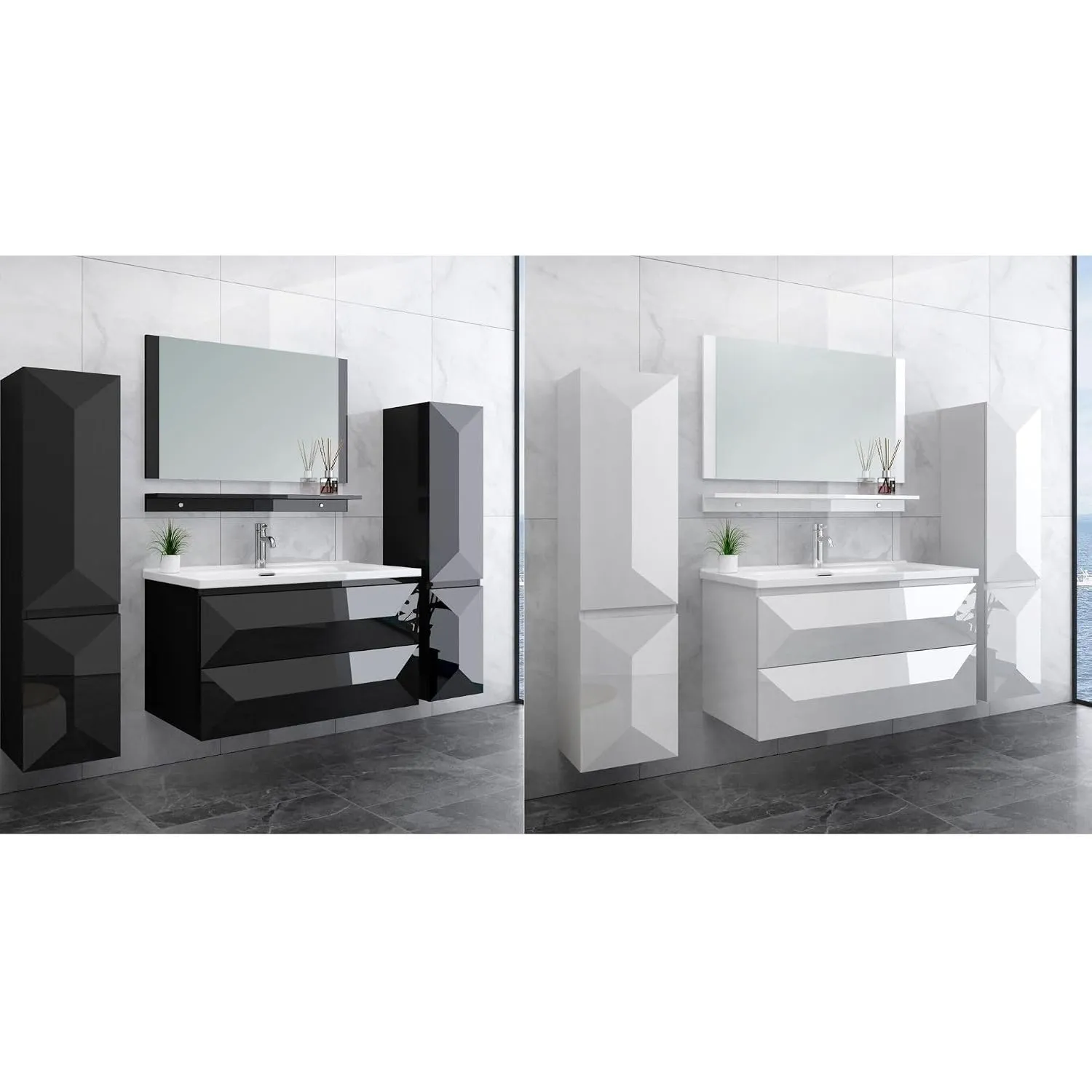 Faizee Home | Badmöbel-Set Miran 90 cm in Hochglanz Schwarz – Modernes Badezimmer-Set mit Keramik-Waschbecken, Soft-Clo…