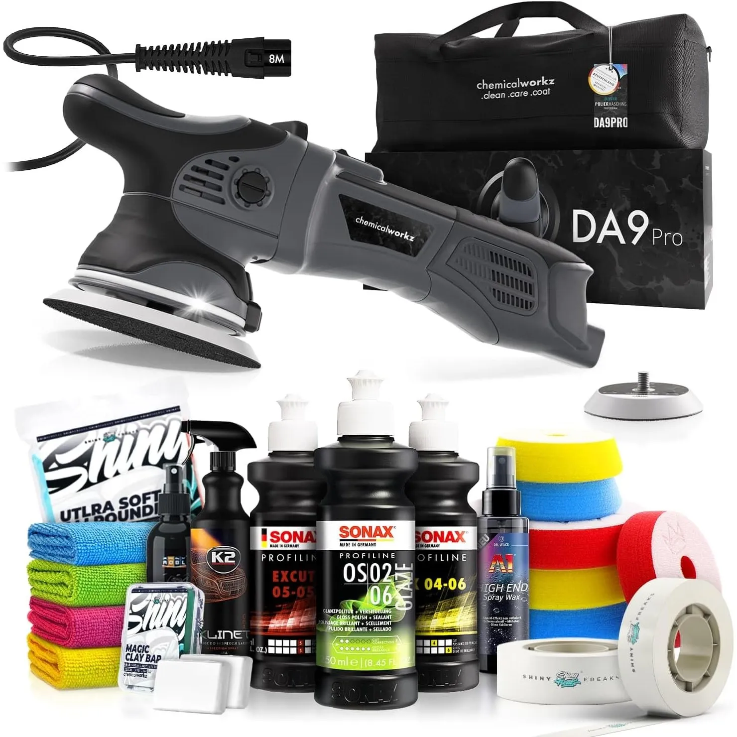 Poliermaschinen Set: chemicalworkz DA9 Pro Exzenter Poliermaschine + Sonax Politur Set + Royal Pads Premium Polierpads …