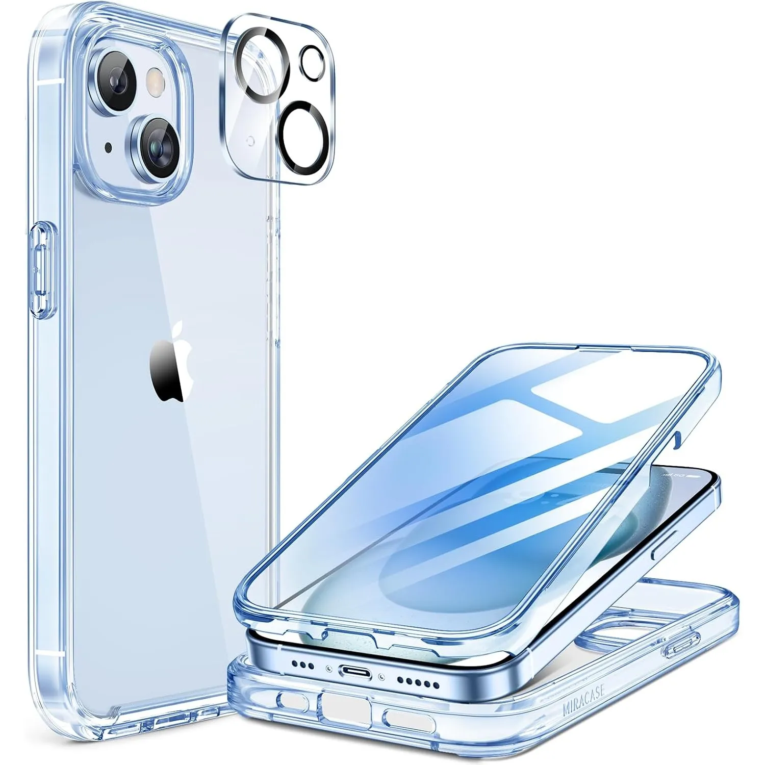 miracase 360° Hülle für iPhone 15, Ohne Magsafe, Klar Blau | Eingebaute 9H Panzerglas Schutzfolie | 6,1 Zoll | Stoßfest…