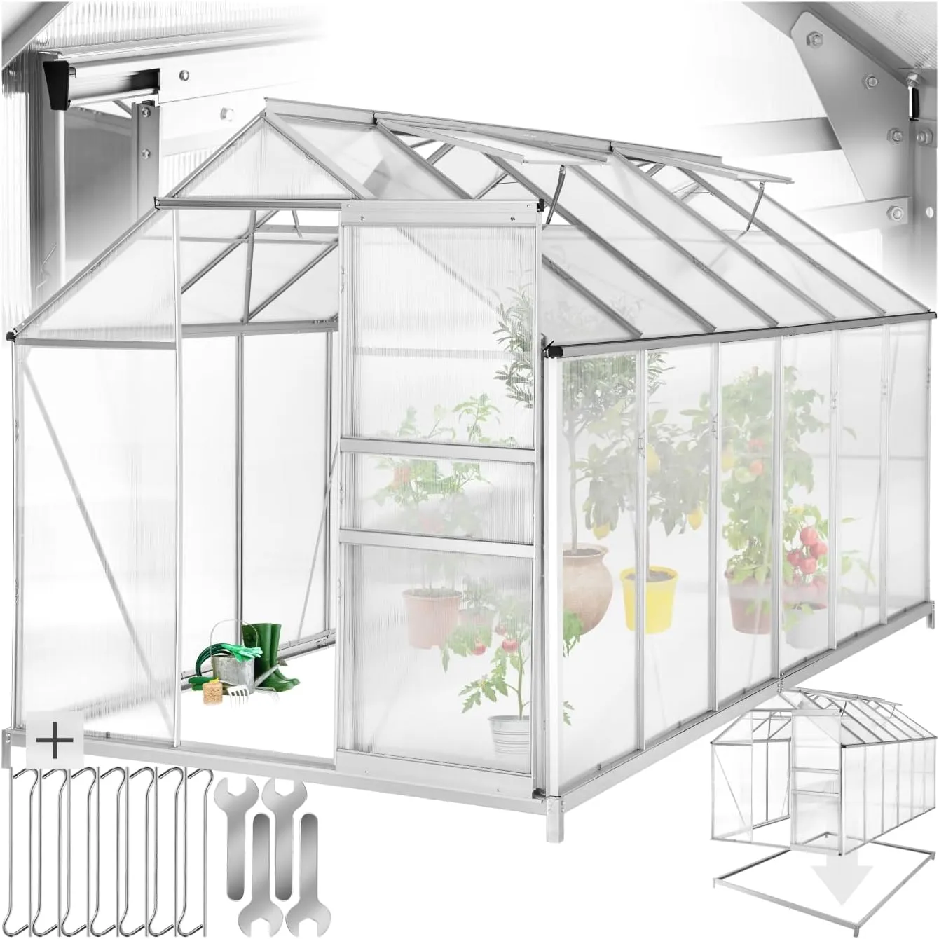 tectake® Aluminium Gewächshaus, 375x185x195 cm, Treibhaus, Tomatenhaus, Frühbeet, Pflanzenhaus, UV beständig, 4 mm Plat…