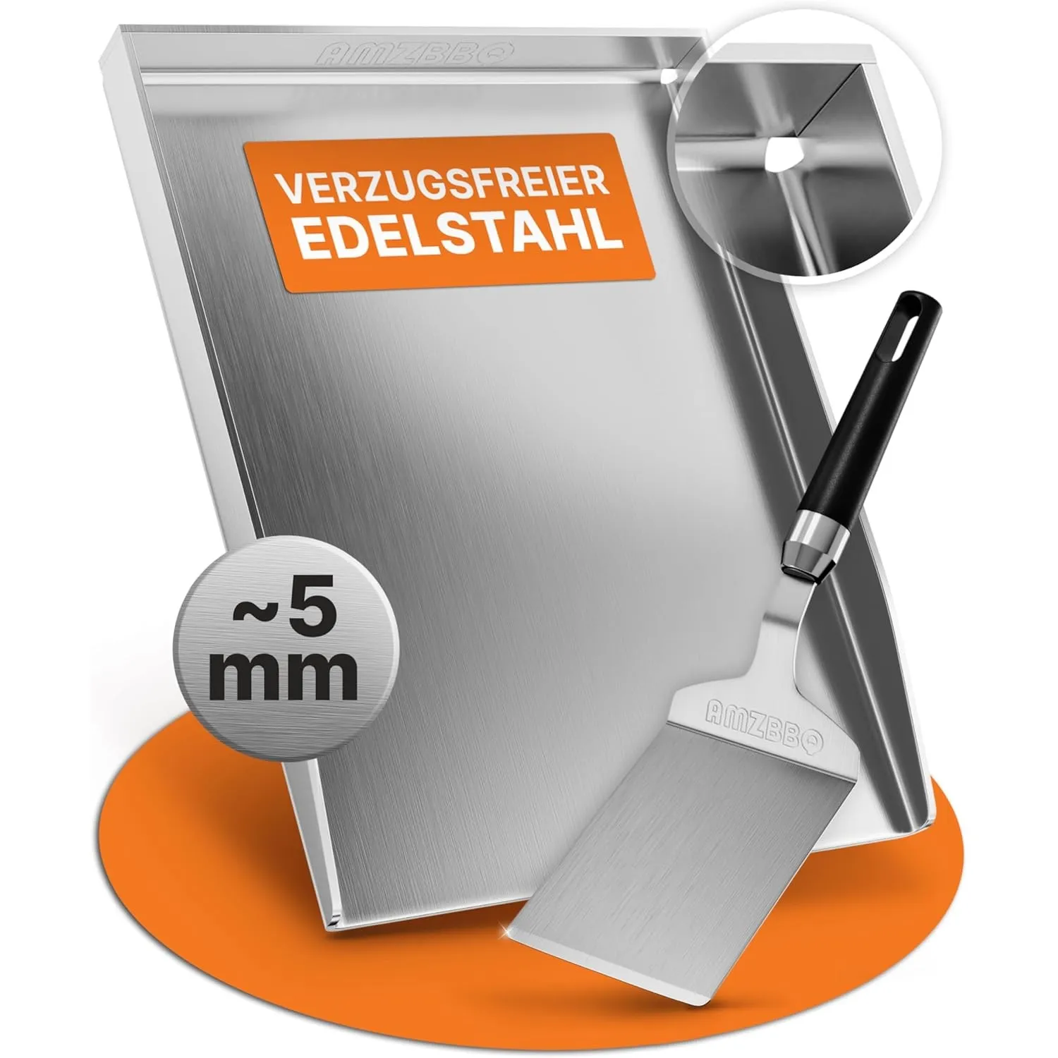 AMZBBQ® Plancha Grillplatte Set 40 × 30 cm – Edelstahl ca. 5mm für Gasgrill | 20 % stärker als herkömmliche Grillplatte…