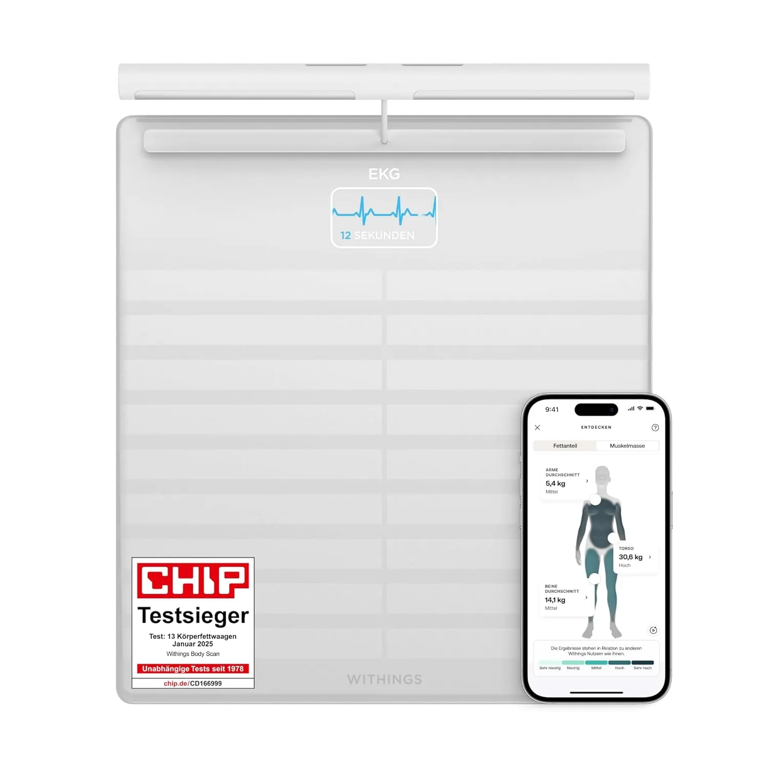 WITHINGS Body Scan - Vernetzte WLAN-Waage zur Verbesserung Ihrer Gesundheit, BIA-Personenwaage, Analyse der Körperzusammensetzung, Körperfett, Muskelmasse, Wasseranteil, Elektrokardiogramm, Weiß