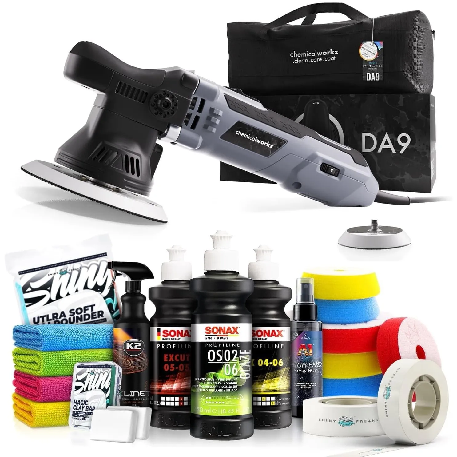 Poliermaschinen Set: chemicalworkz DA9 Exzenter Poliermaschine + Sonax Politur Set + Royal Pads Premium Polierpads + Dr…