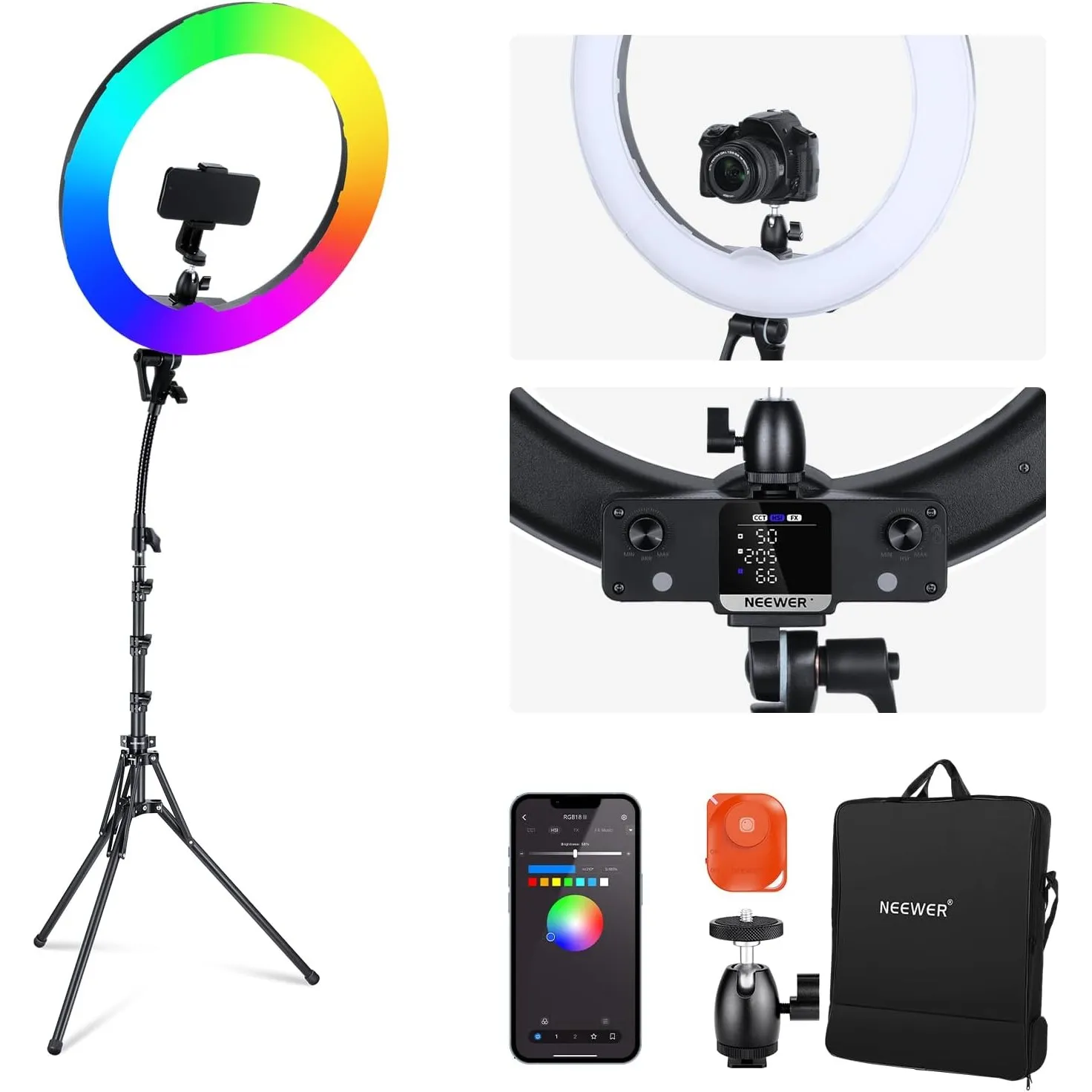 NEEWER 18" RGB LED Ringlicht APP Steuerung mit Ständer und Telefonhalterung, 42W dimmbar, 2500–10,000K, GM ± 50 Bi Farb…