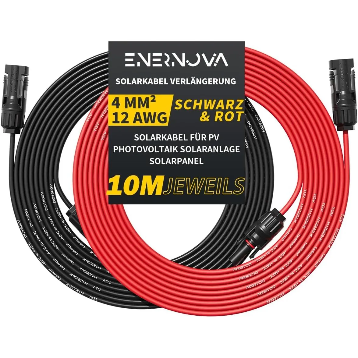 ENERNOVA Solarkabel 4mm²/6mm², Verlängerung 1-50M IP67 für PV Solaranlage | TÜV Zertifiziert H1Z2Z2-K EN50618, PPO UV-B…