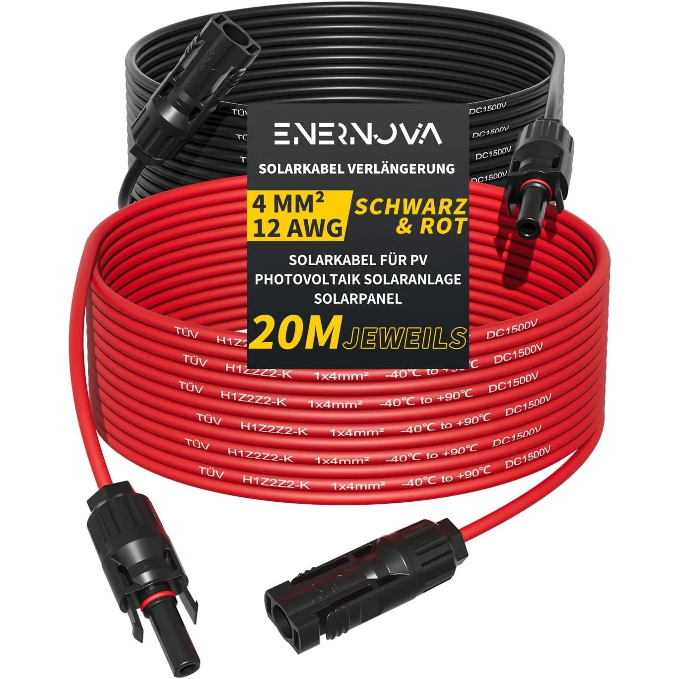 Solarkabel 4mm²/6mm², Solarkabel Verlängerung 1/2/3/5/8/10/12/15/18/20M, Multi-Contact 4 Verlängerungskabel, IP67 Wasse…