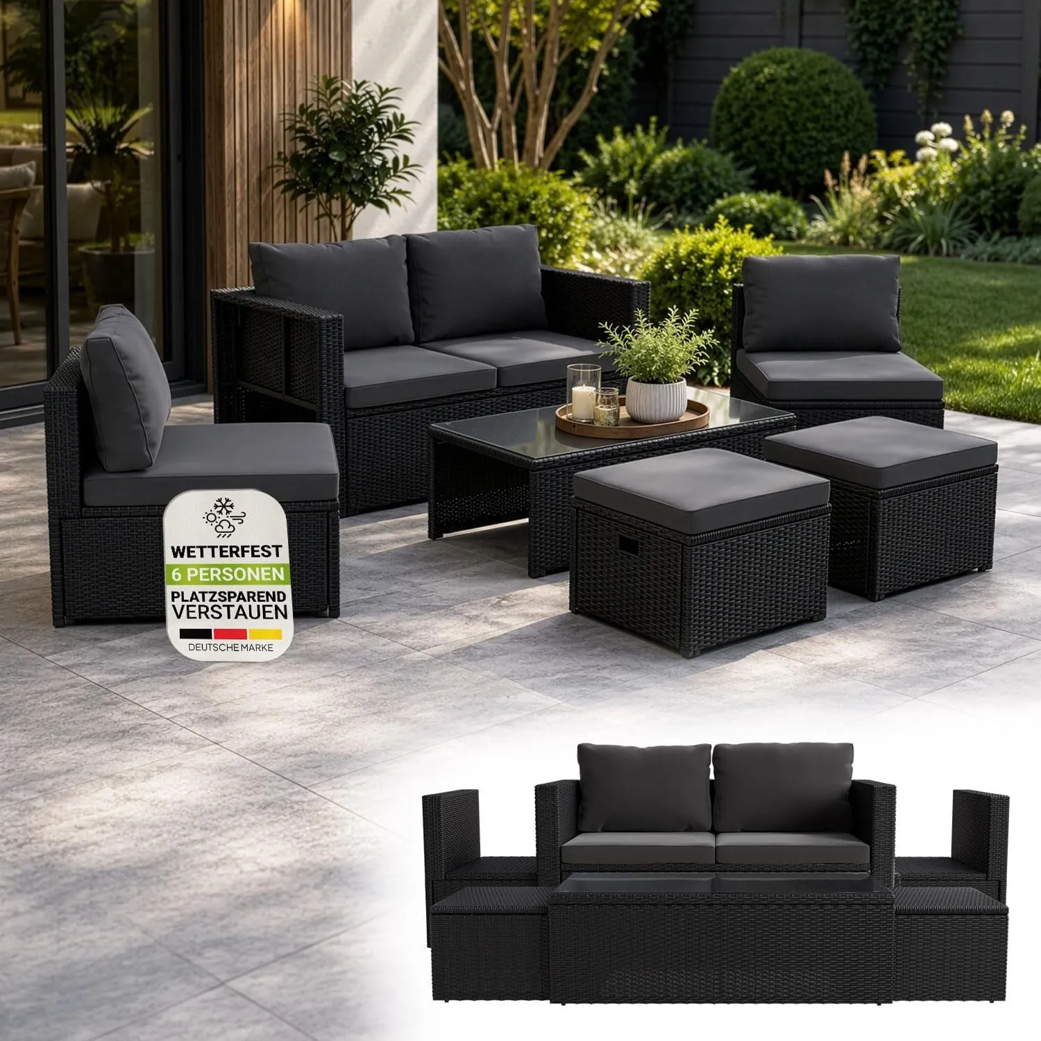 Juskys Polyrattan Gartenmöbel Set Salou - Outdoor Lounge wetterfest 6 Personen - Sitzecke mit Tisch & Kissen für Garten…