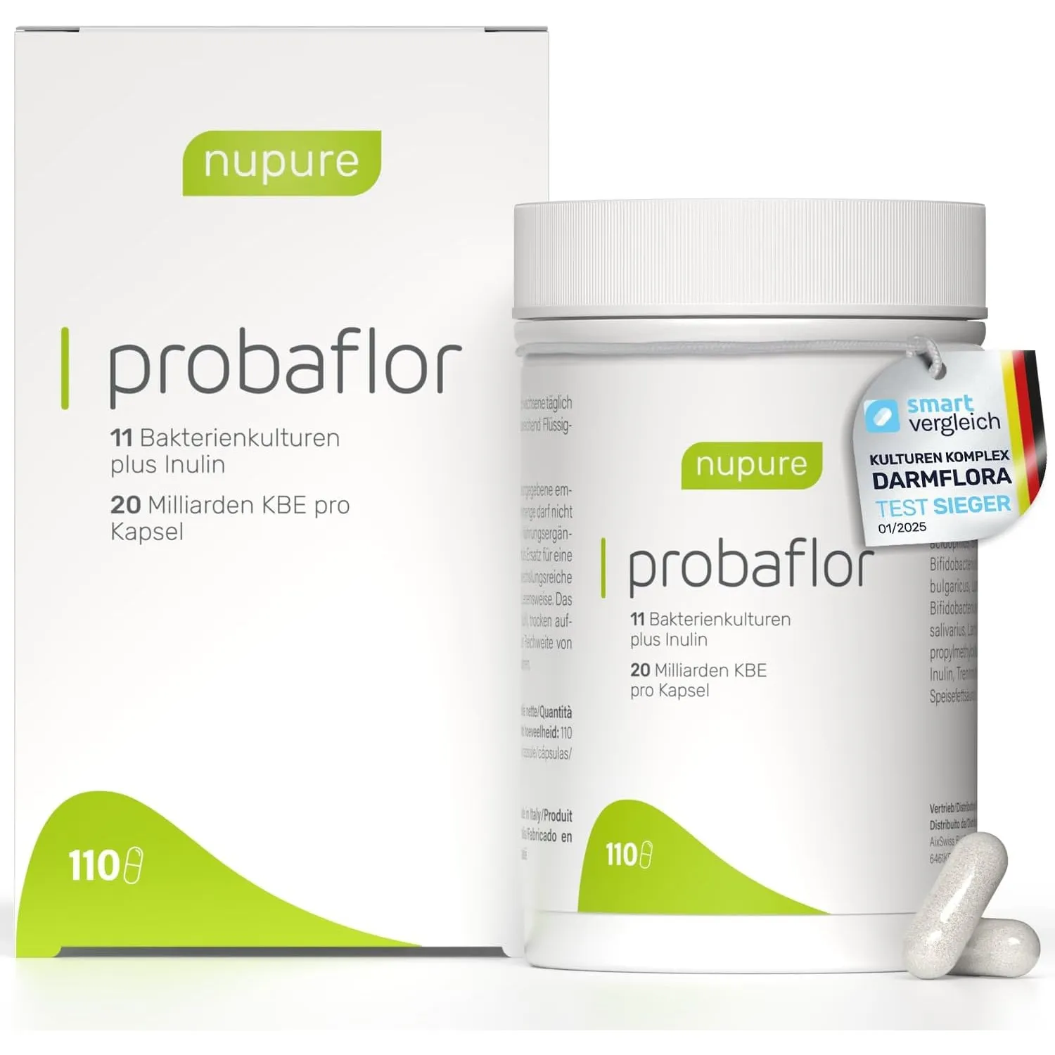 Nupure® Probaflor mit 345 Mrd KBE/g*, 110 Kapseln mit 11 Spezielle Bakterienstämme, Mit Inulin und Lactobacillus saliva…