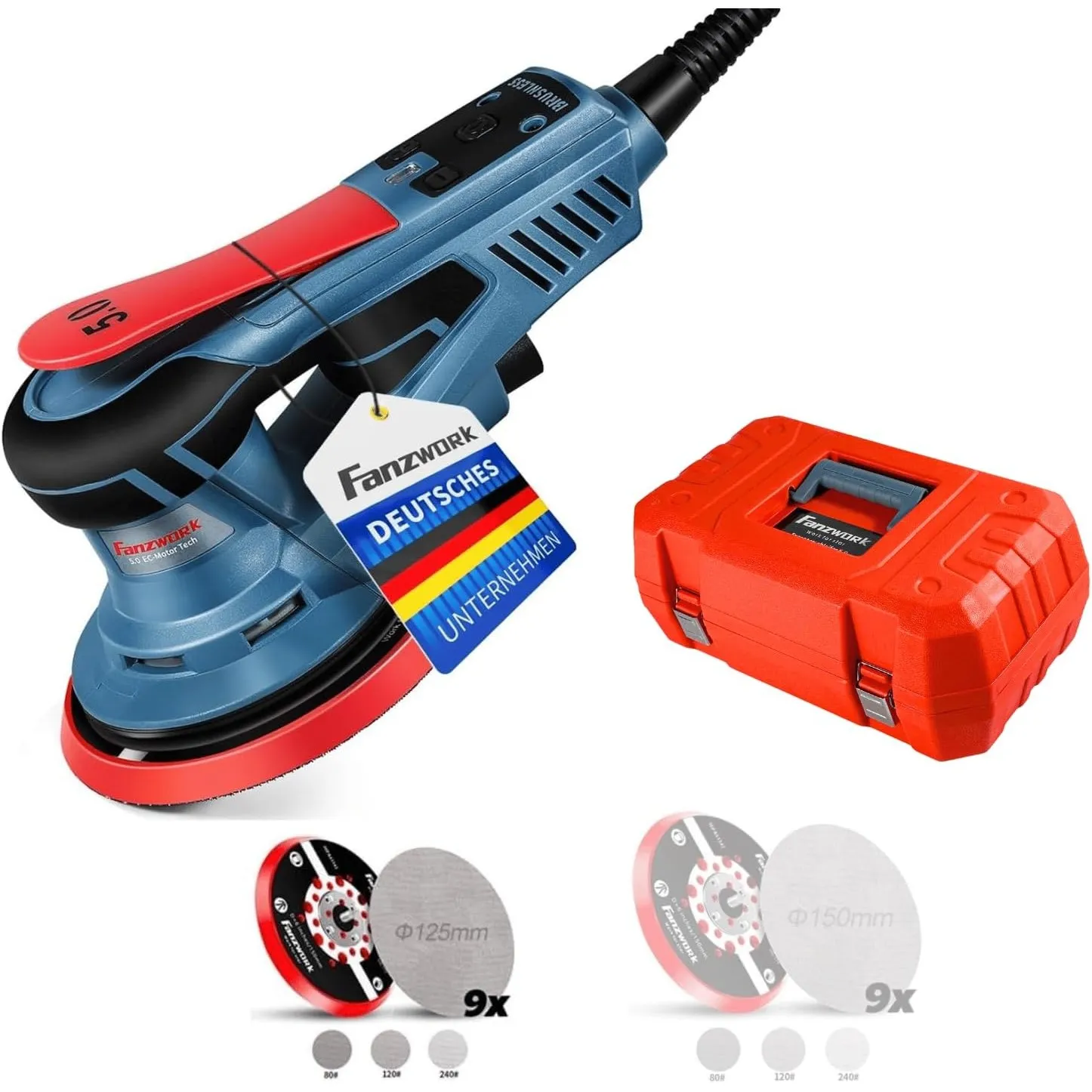 FANZWORK Bürstenloser Exzenterschleifer HG0024 350W /5mm Hub(125/150mm set)
